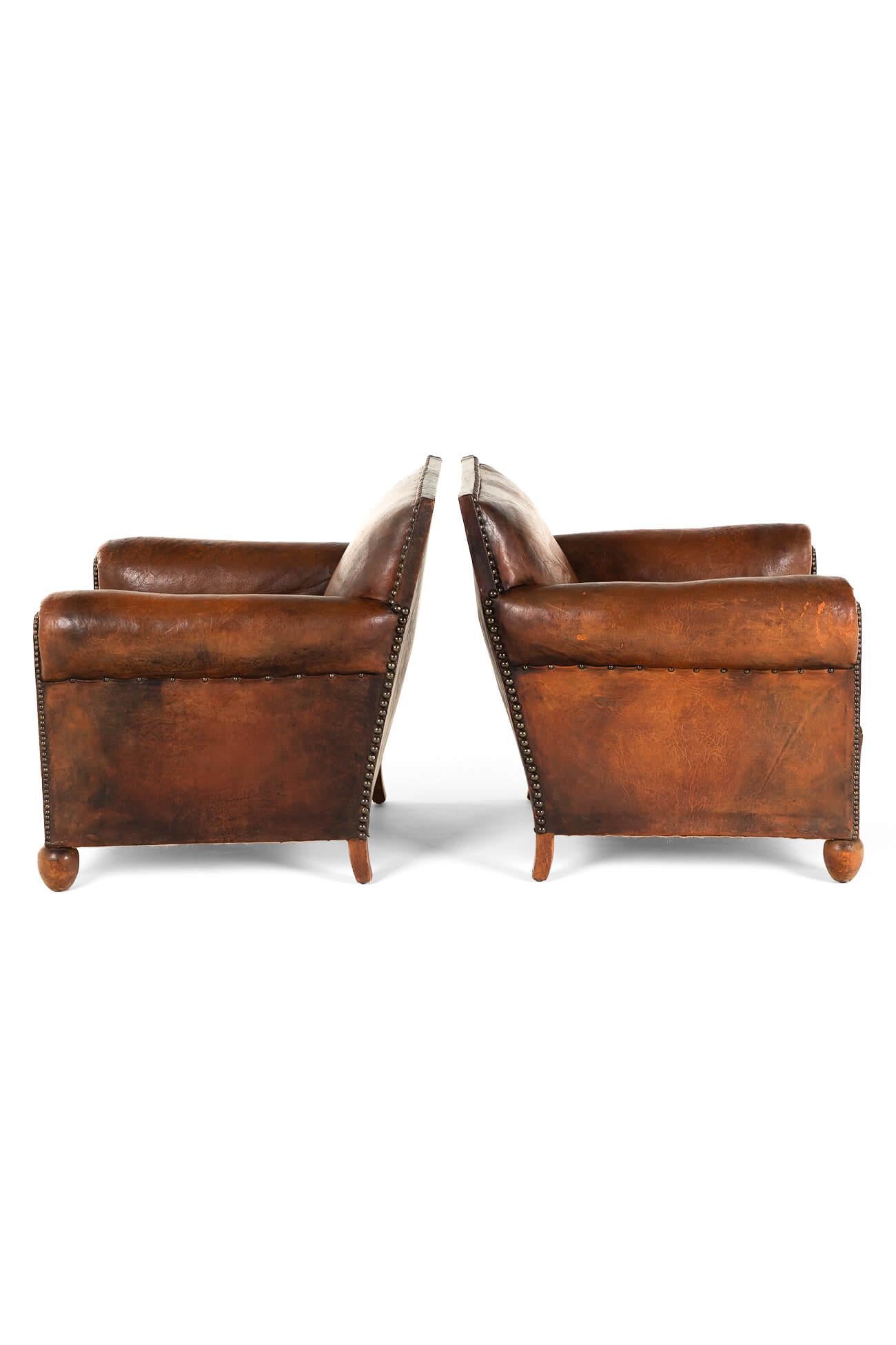 Art Deco Pair of French Leather Studded Club Chairs