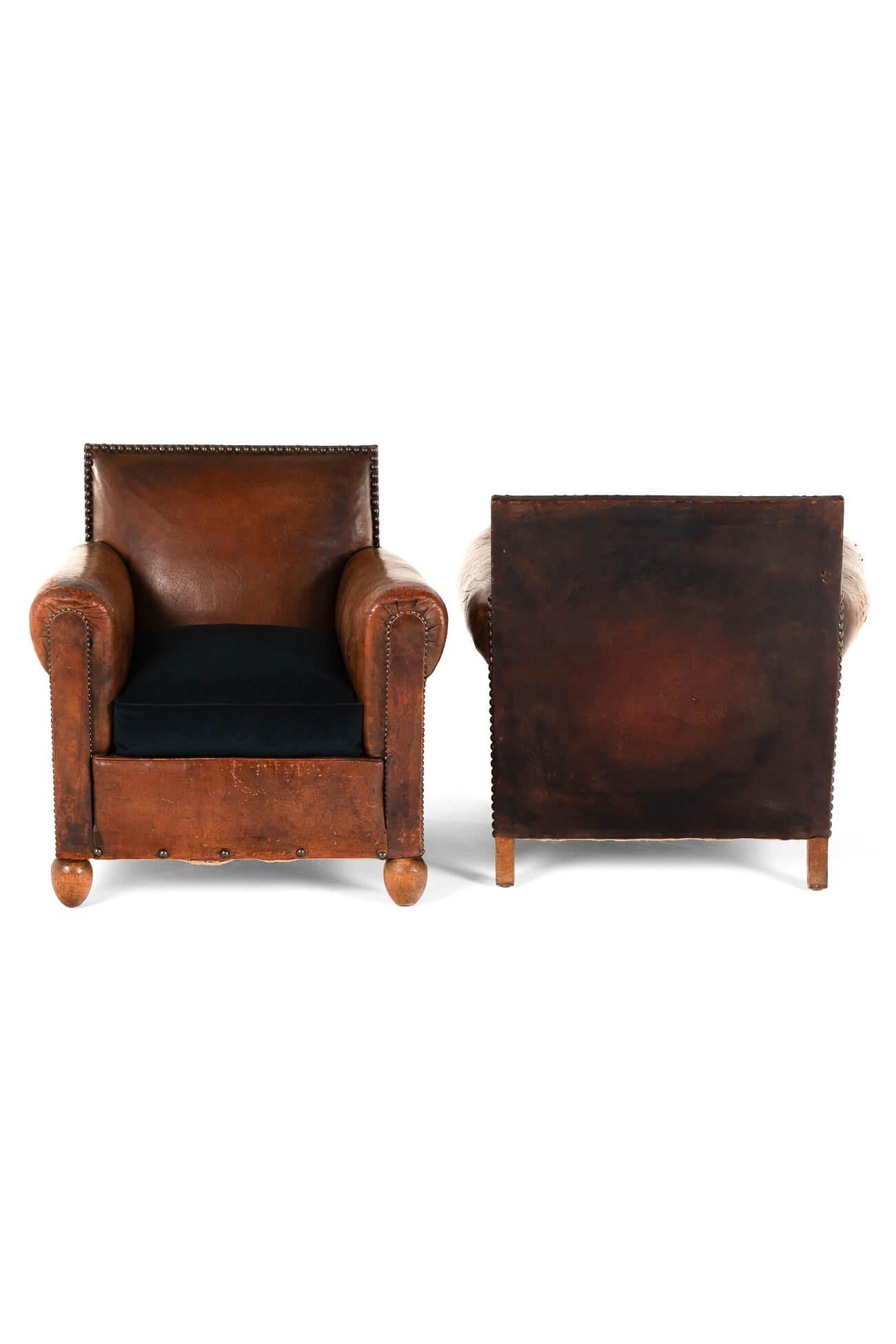 Hand-Crafted Pair of French Leather Studded Club Chairs For Sale