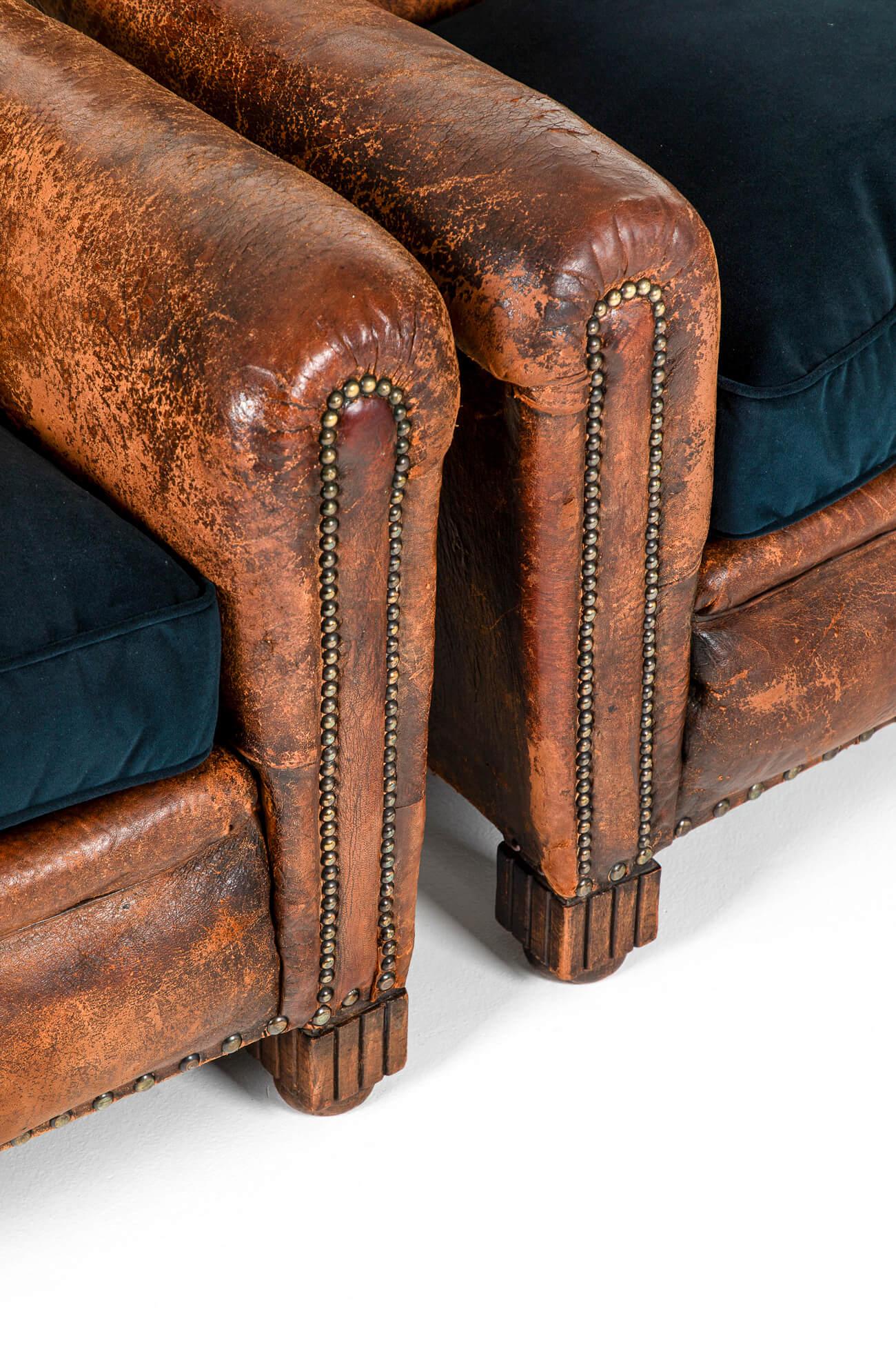 Hand-Crafted Pair of French Leather Studded Club Chairs