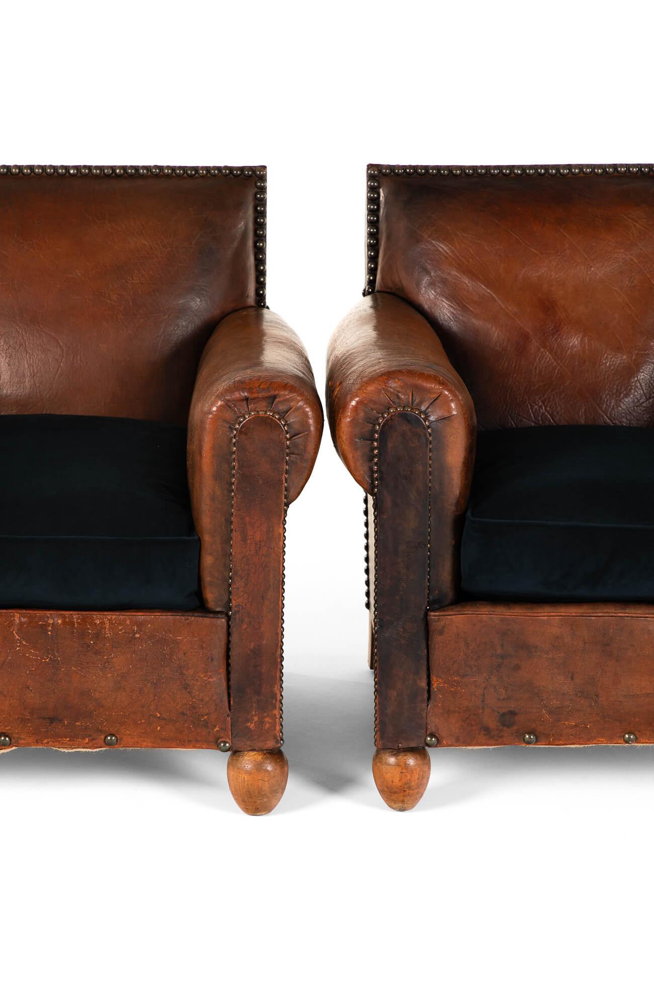 20th Century Pair of French Leather Studded Club Chairs For Sale
