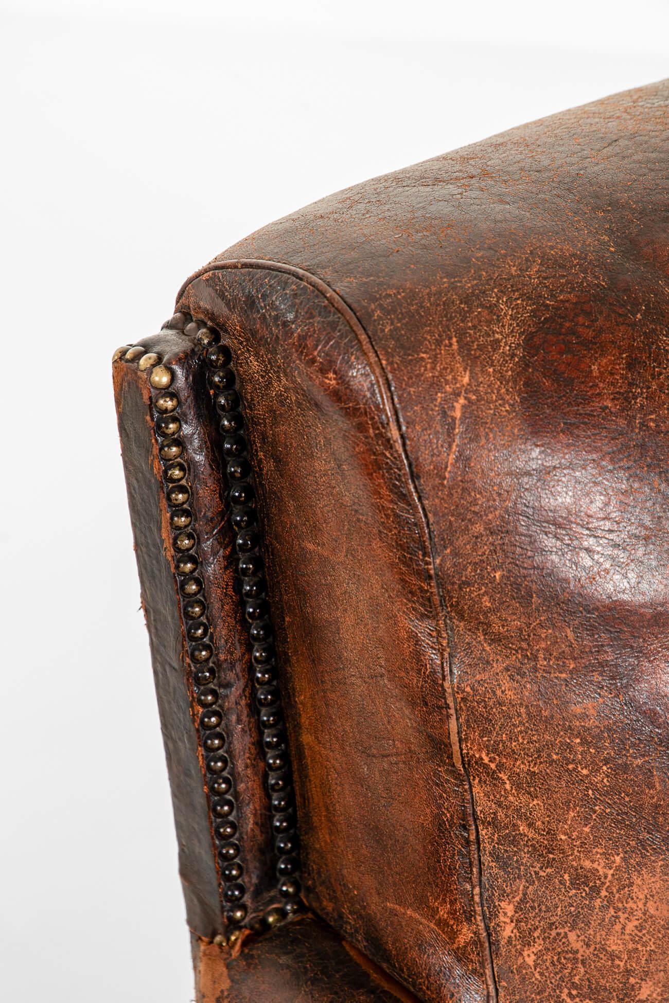 20th Century Pair of French Leather Studded Club Chairs