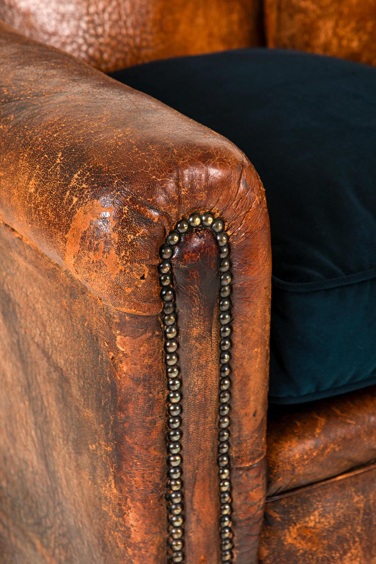 Brass Pair of French Leather Studded Club Chairs