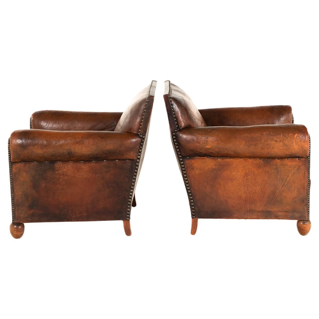 Pair of French Leather Studded Club Chairs For Sale