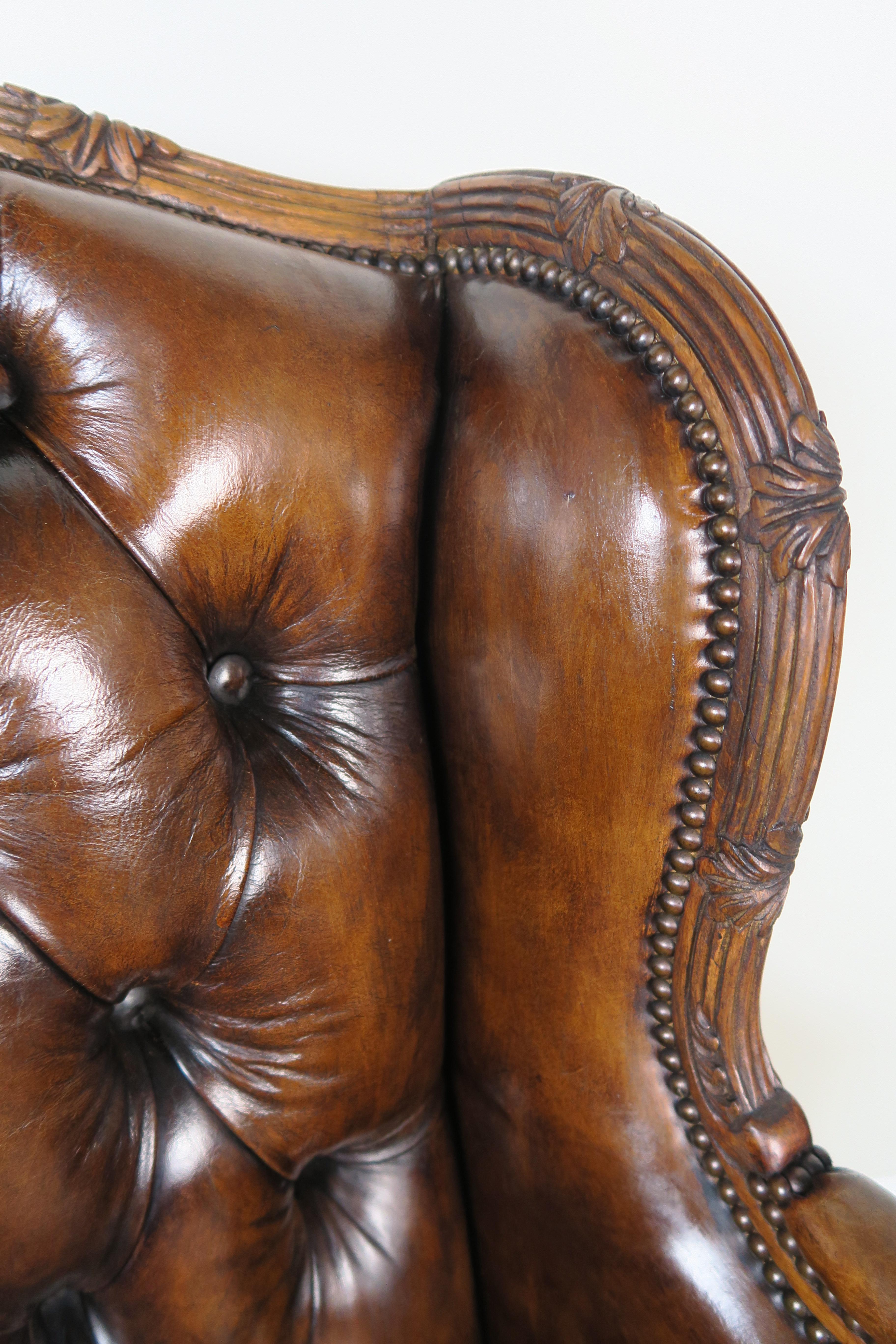 Pair of French Leather Tufted Armchairs with Matching Ottomans 6