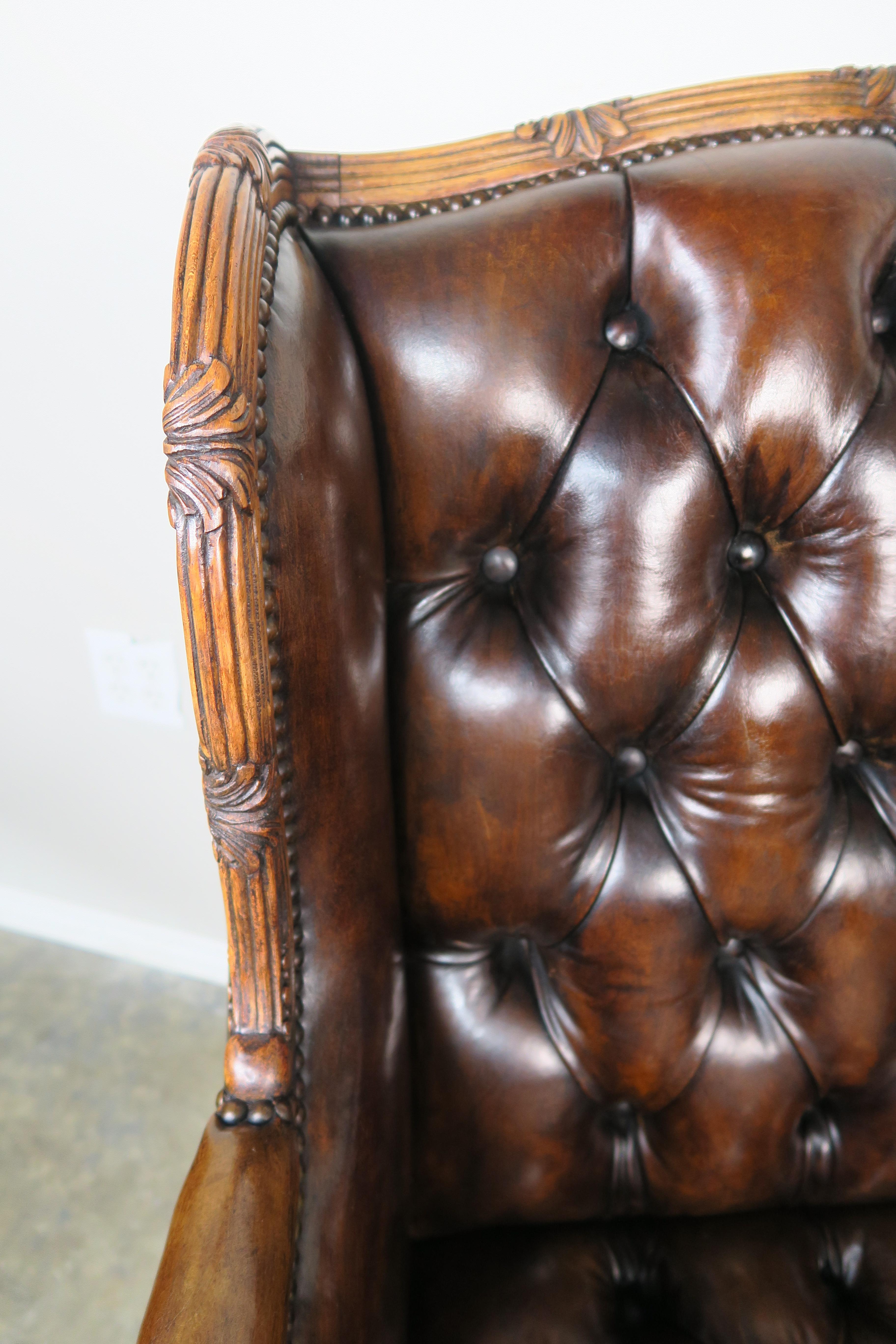 Pair of French Leather Tufted Armchairs with Matching Ottomans 7