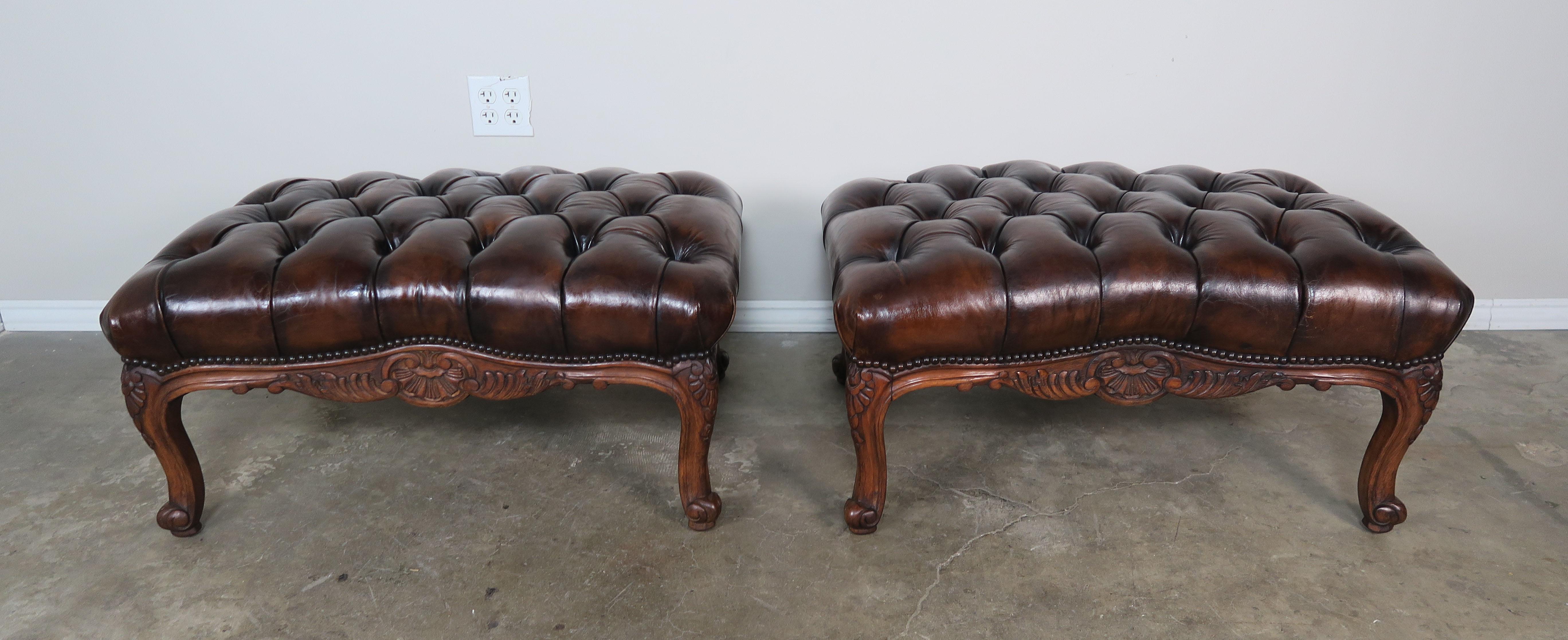 Pair of French Leather Tufted Armchairs with Matching Ottomans 10
