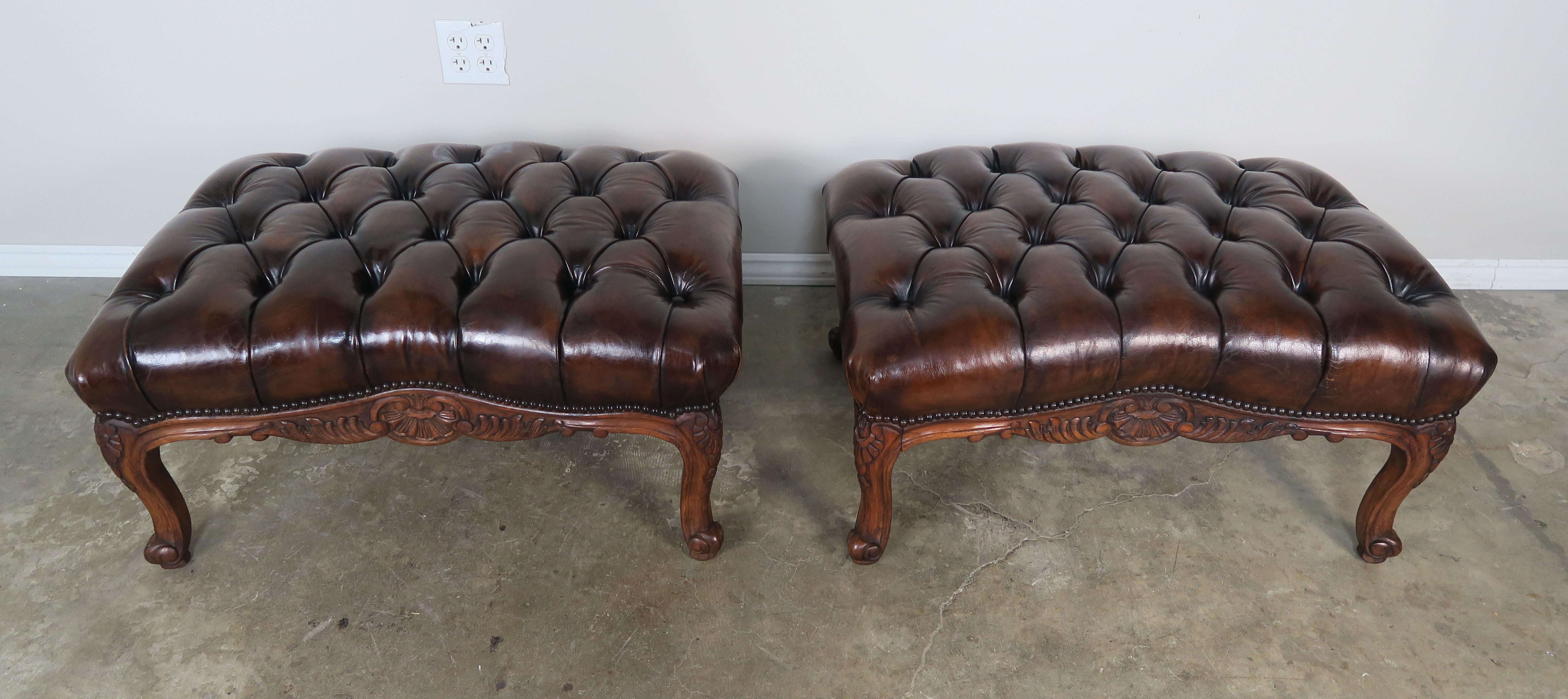 Pair of French Leather Tufted Armchairs with Matching Ottomans 11