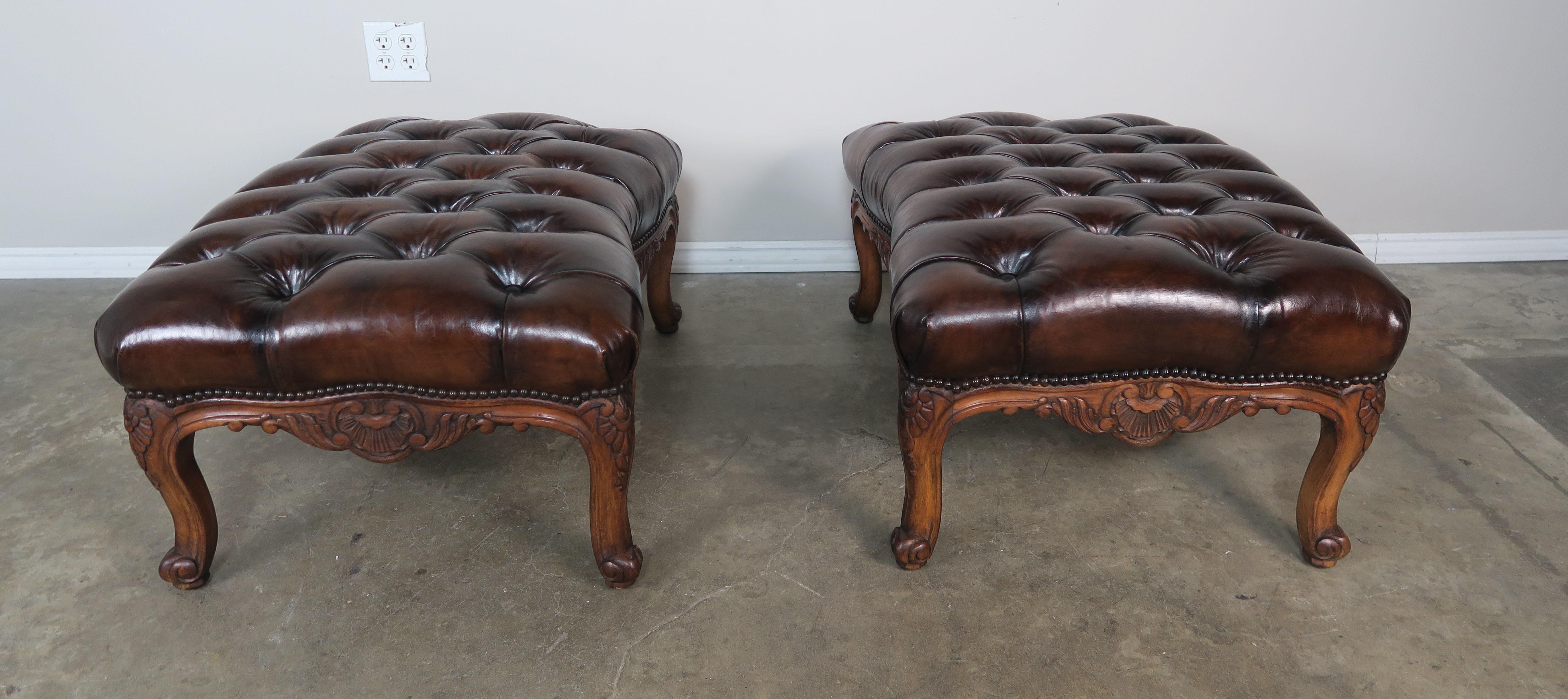 Pair of French Leather Tufted Armchairs with Matching Ottomans 12