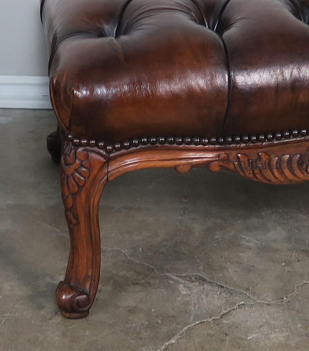 Pair of French Leather Tufted Armchairs with Matching Ottomans 13