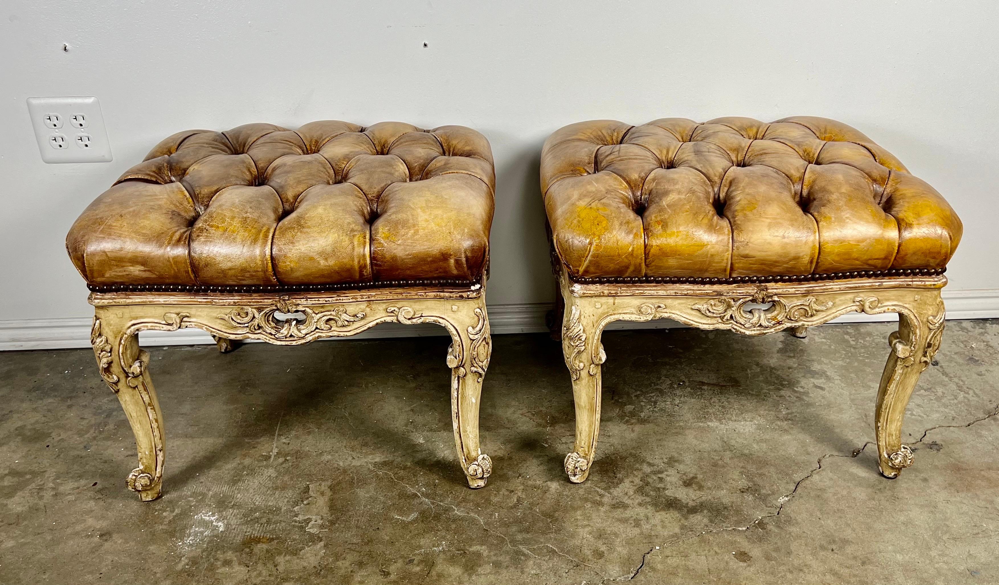 Louis XV Pair of French Leather Tufted Benches For Sale