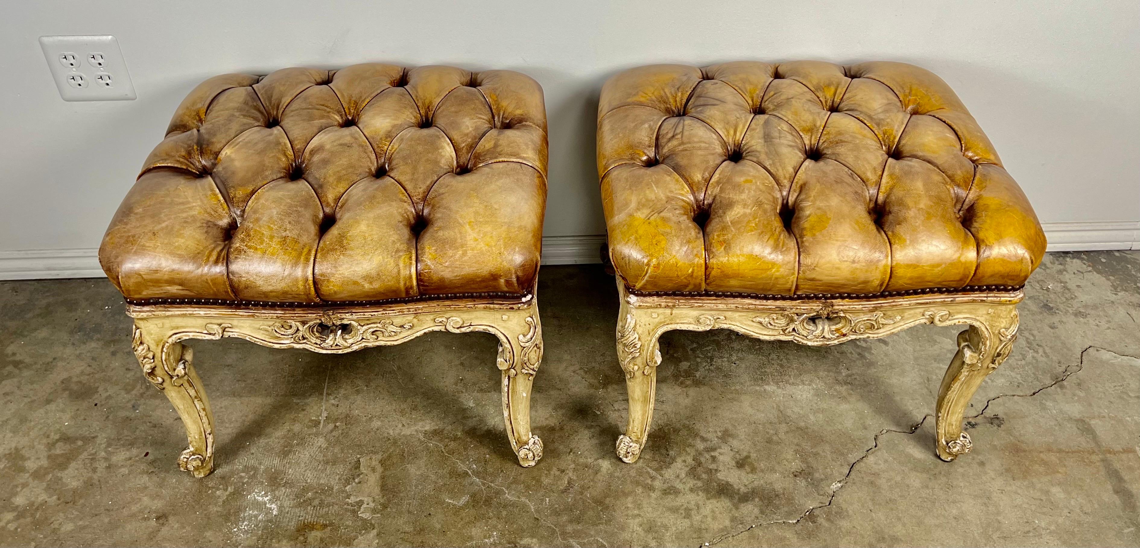 Pair of French Leather Tufted Benches In Good Condition For Sale In Los Angeles, CA