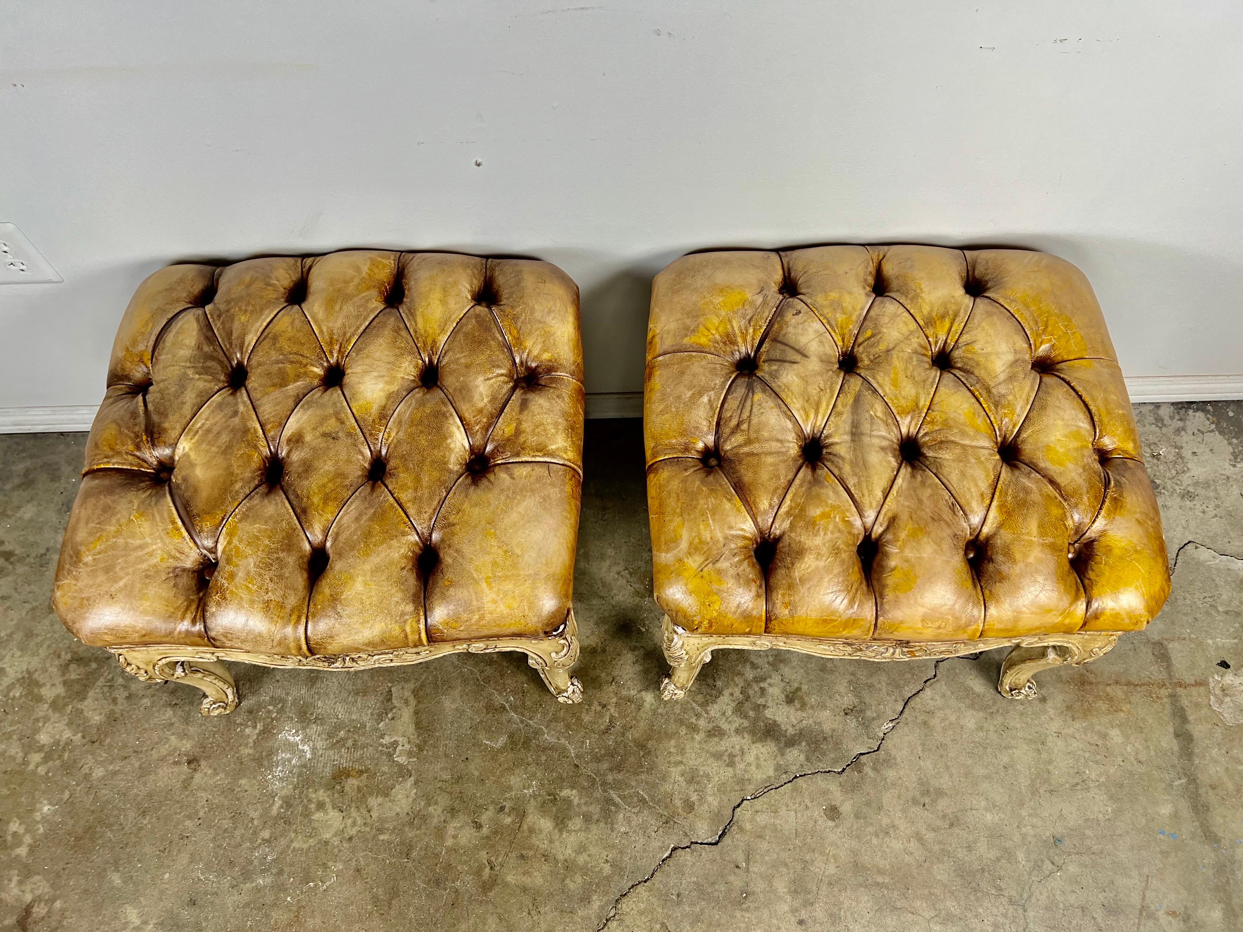 Early 20th Century Pair of French Leather Tufted Benches For Sale