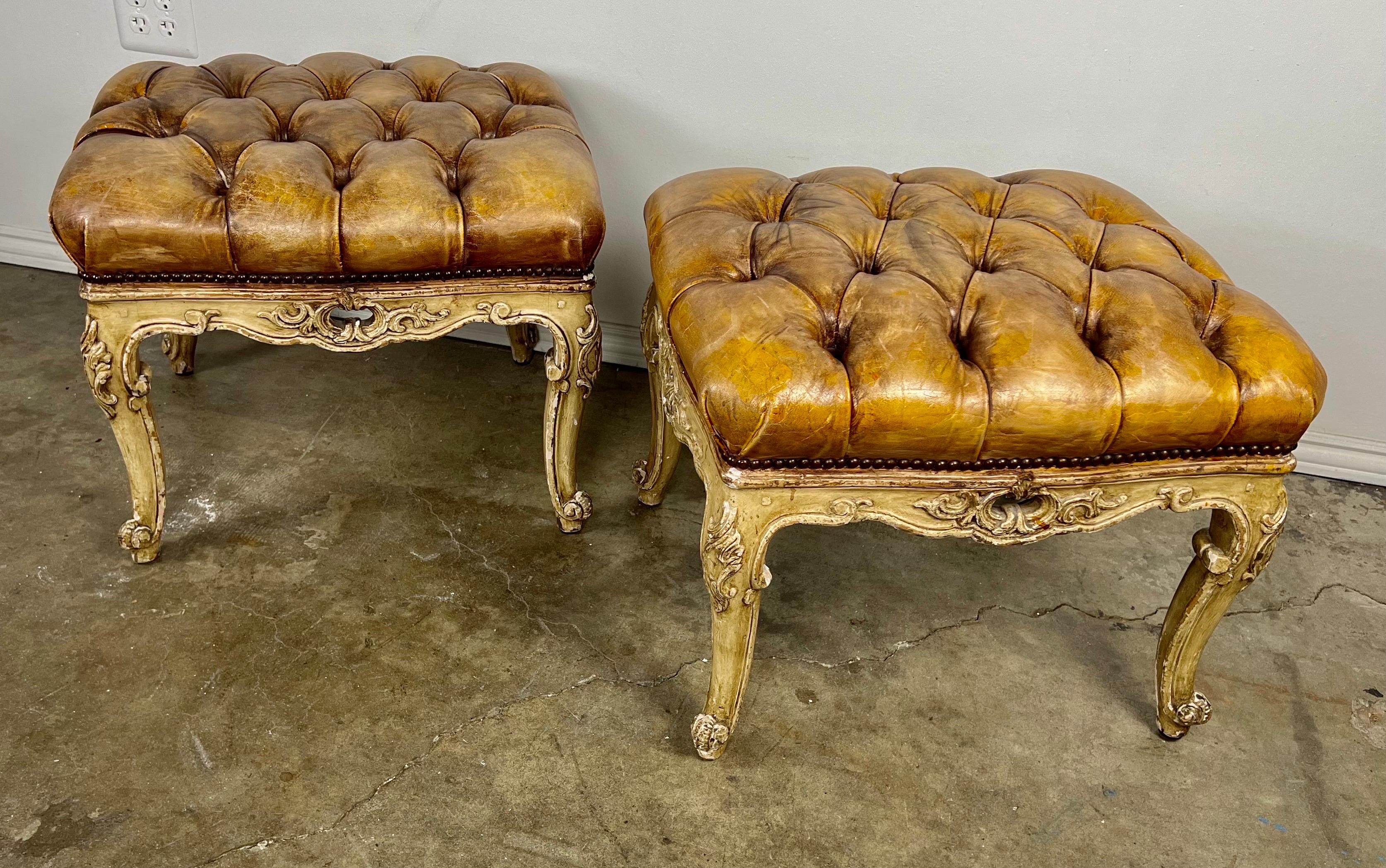 Pair of French Leather Tufted Benches For Sale 2