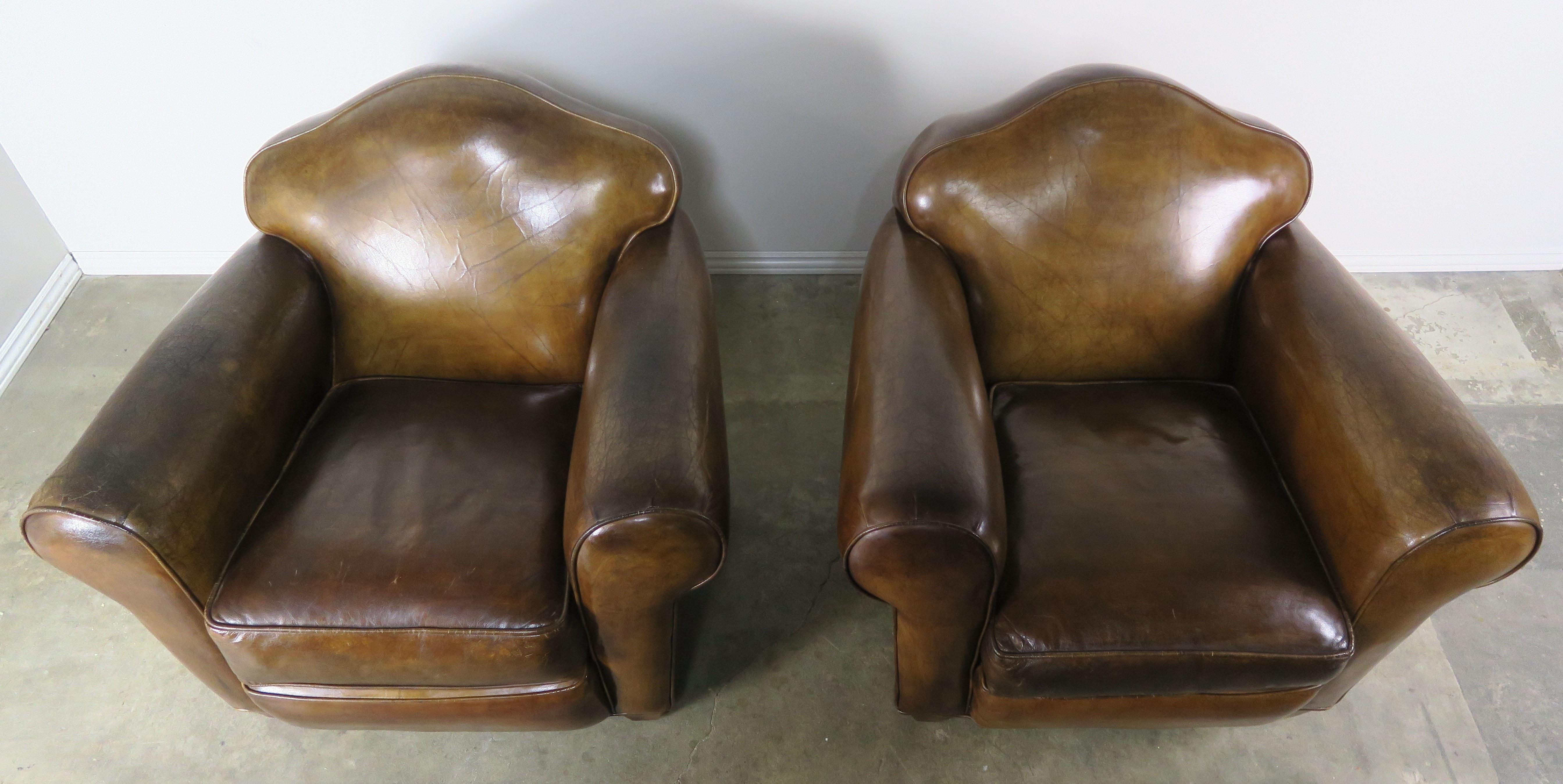 Art Deco Pair of French Leather Upholstered Club Chairs, circa 1940s