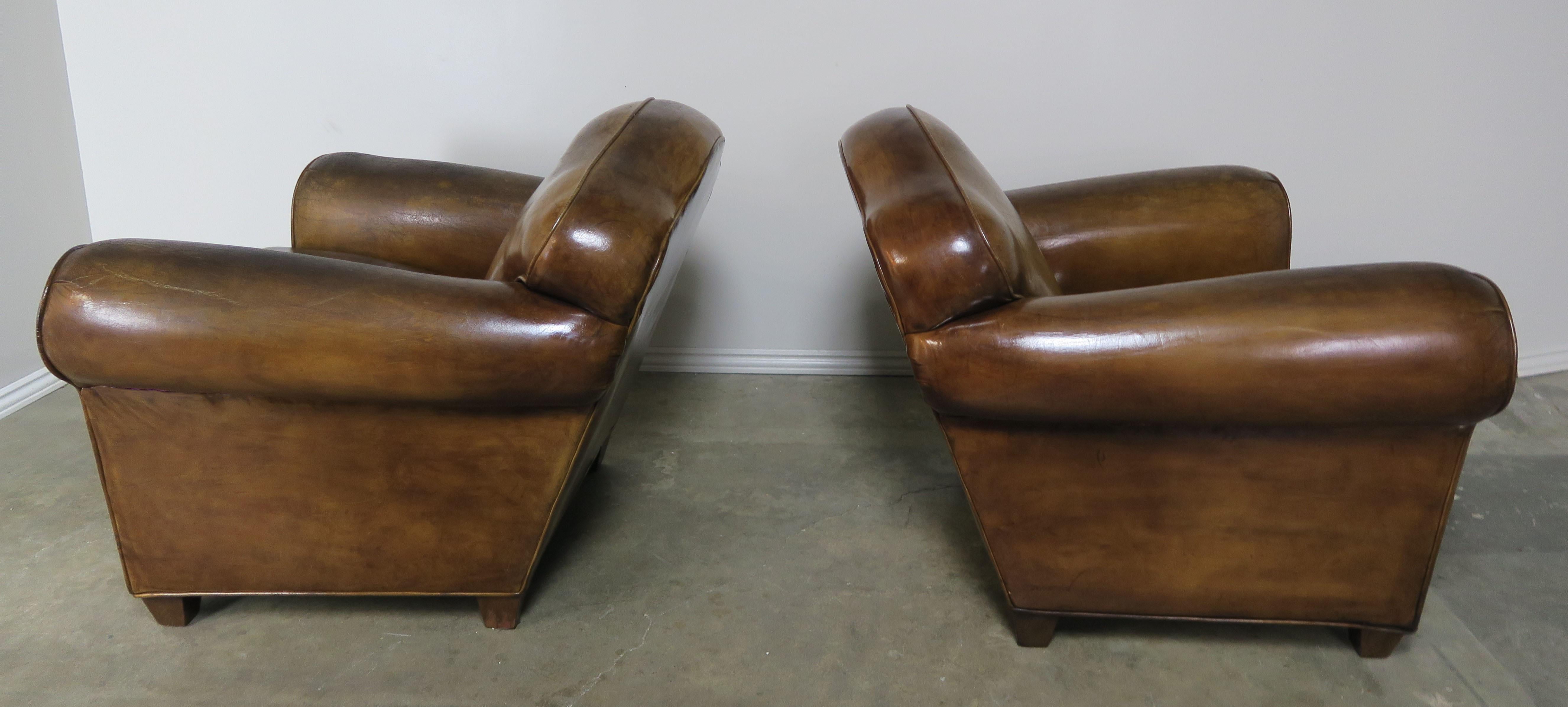 Pair of French Leather Upholstered Club Chairs, circa 1940s 1