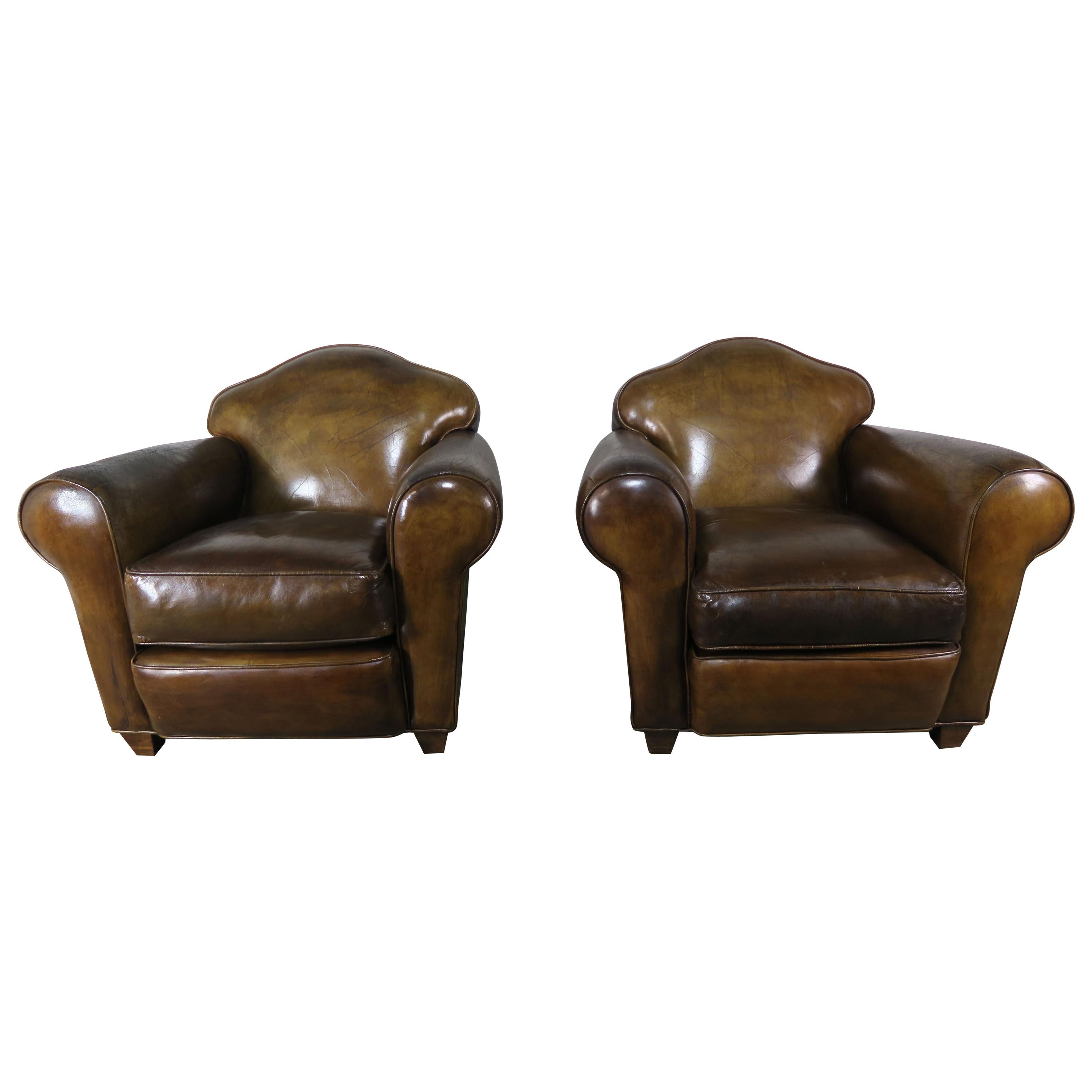 Pair of French Leather Upholstered Club Chairs, circa 1940s