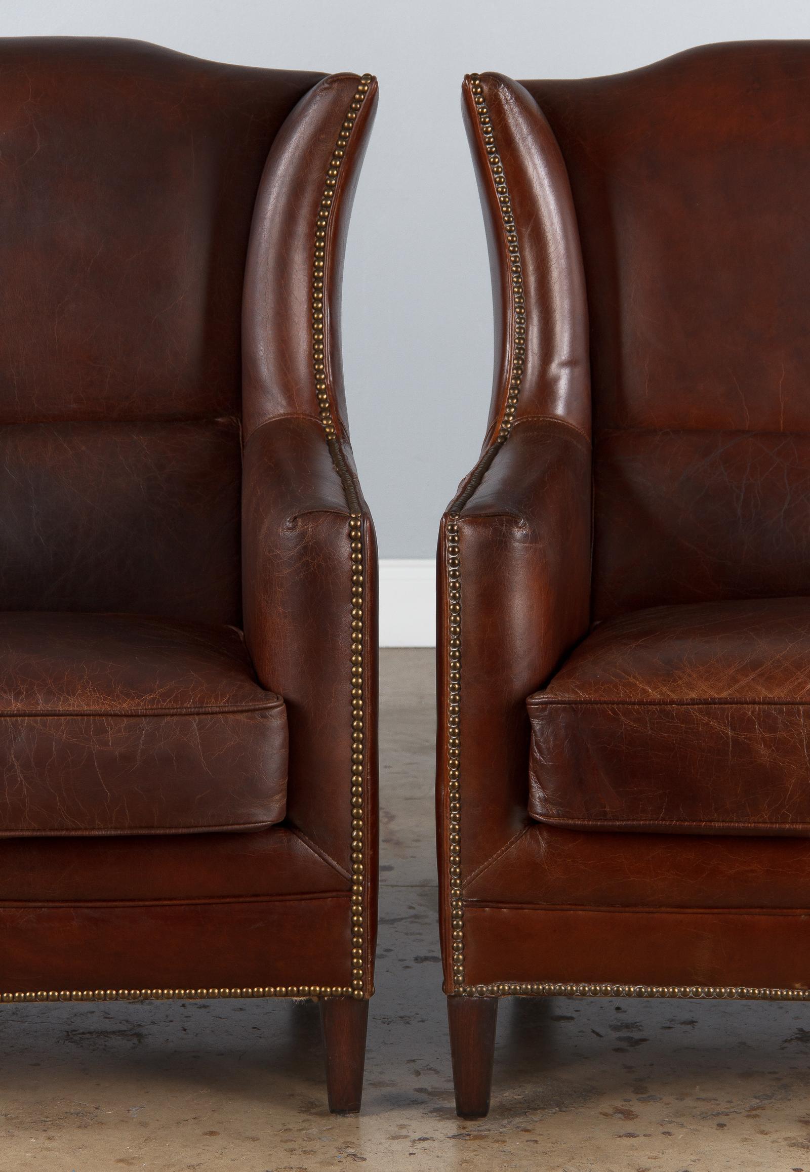 Pair of French Leather Wingback Armchairs, 1980s 7