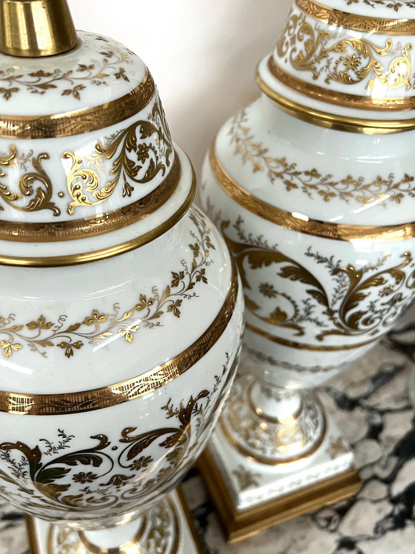 Porcelain Pair of French Lidded Jars with Gilt Decoration by Marbro Lamp Co.  For Sale