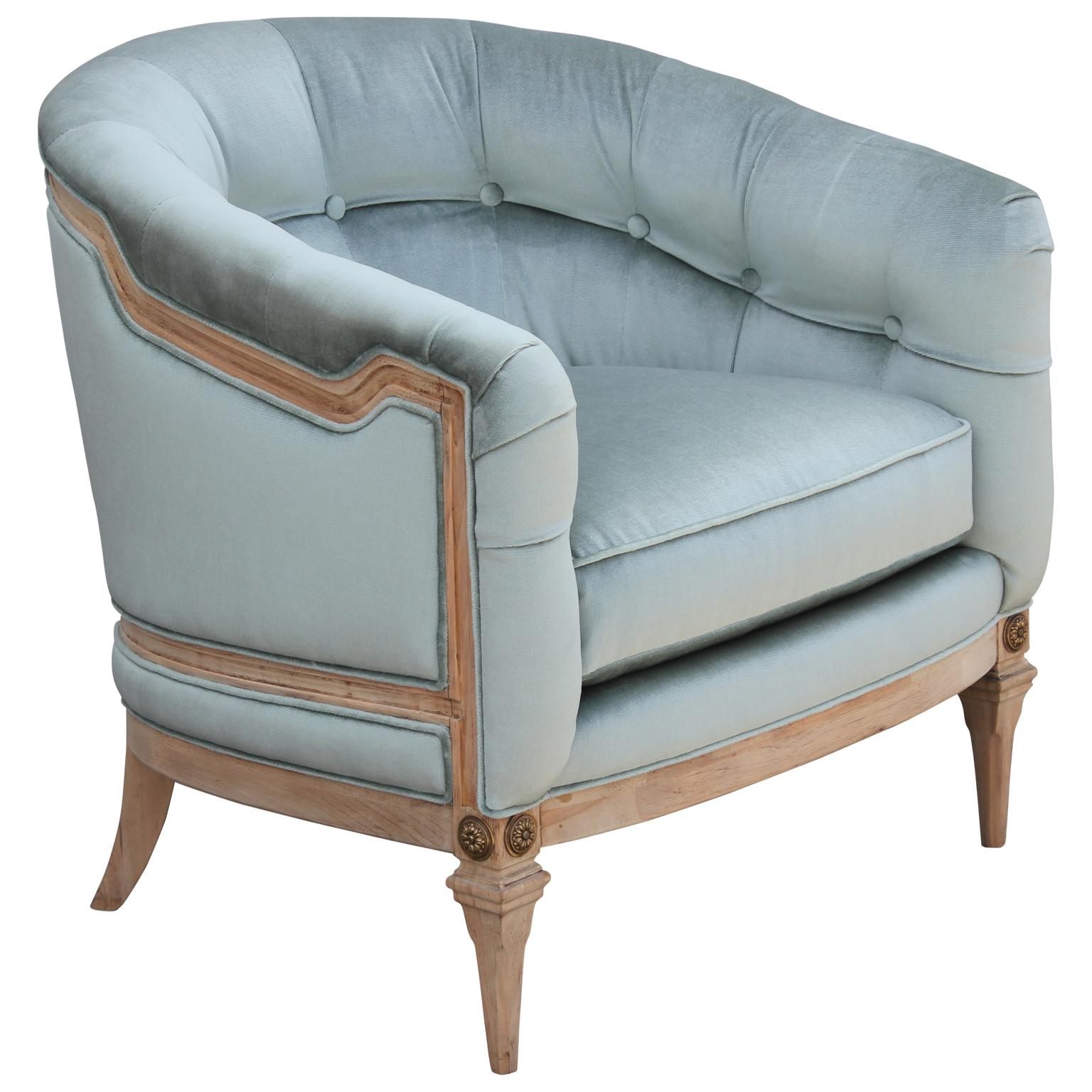 Hollywood Regency Pair of French Light Blue Velvet and Neutral Finish Barrel Back Lounge Chairs