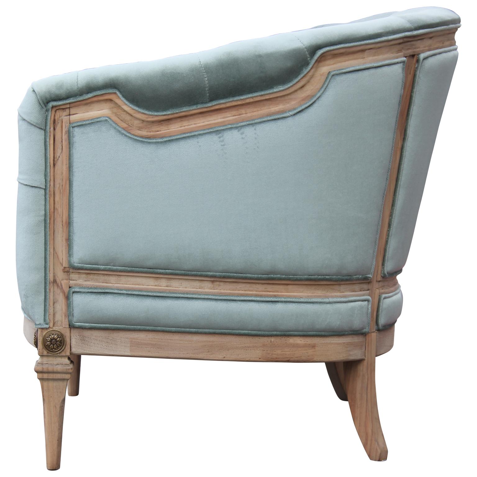 Pair of French Light Blue Velvet and Neutral Finish Barrel Back Lounge Chairs In Excellent Condition In Houston, TX