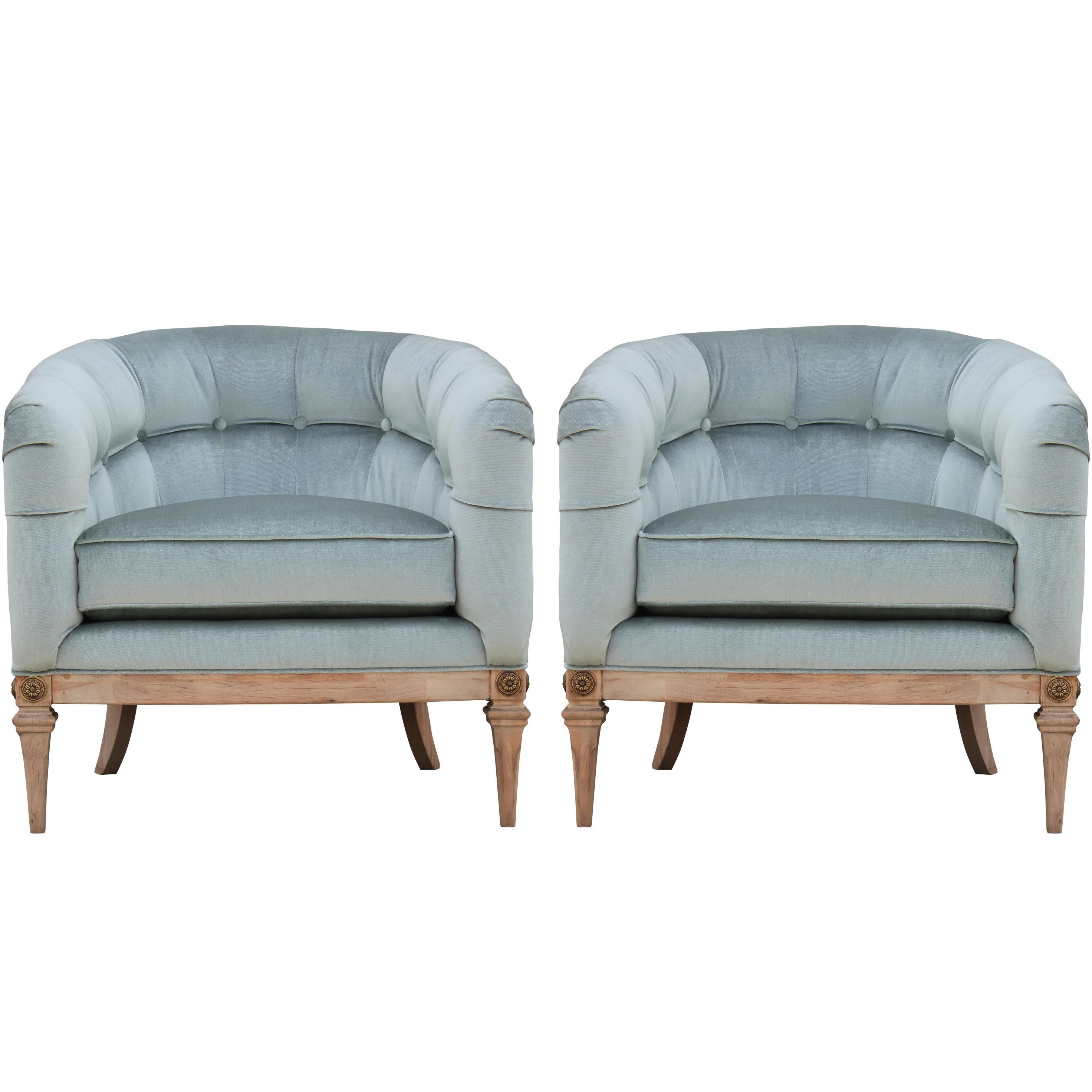 Pair of French Light Blue Velvet and Neutral Finish Barrel Back Lounge Chairs