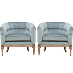 Pair of French Light Blue Velvet and Neutral Finish Barrel Back Lounge Chairs