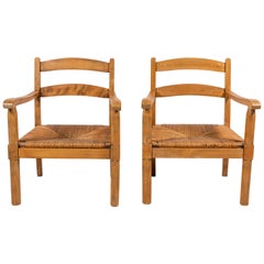 Pair of French Light Wood Armchairs with Rush Seat