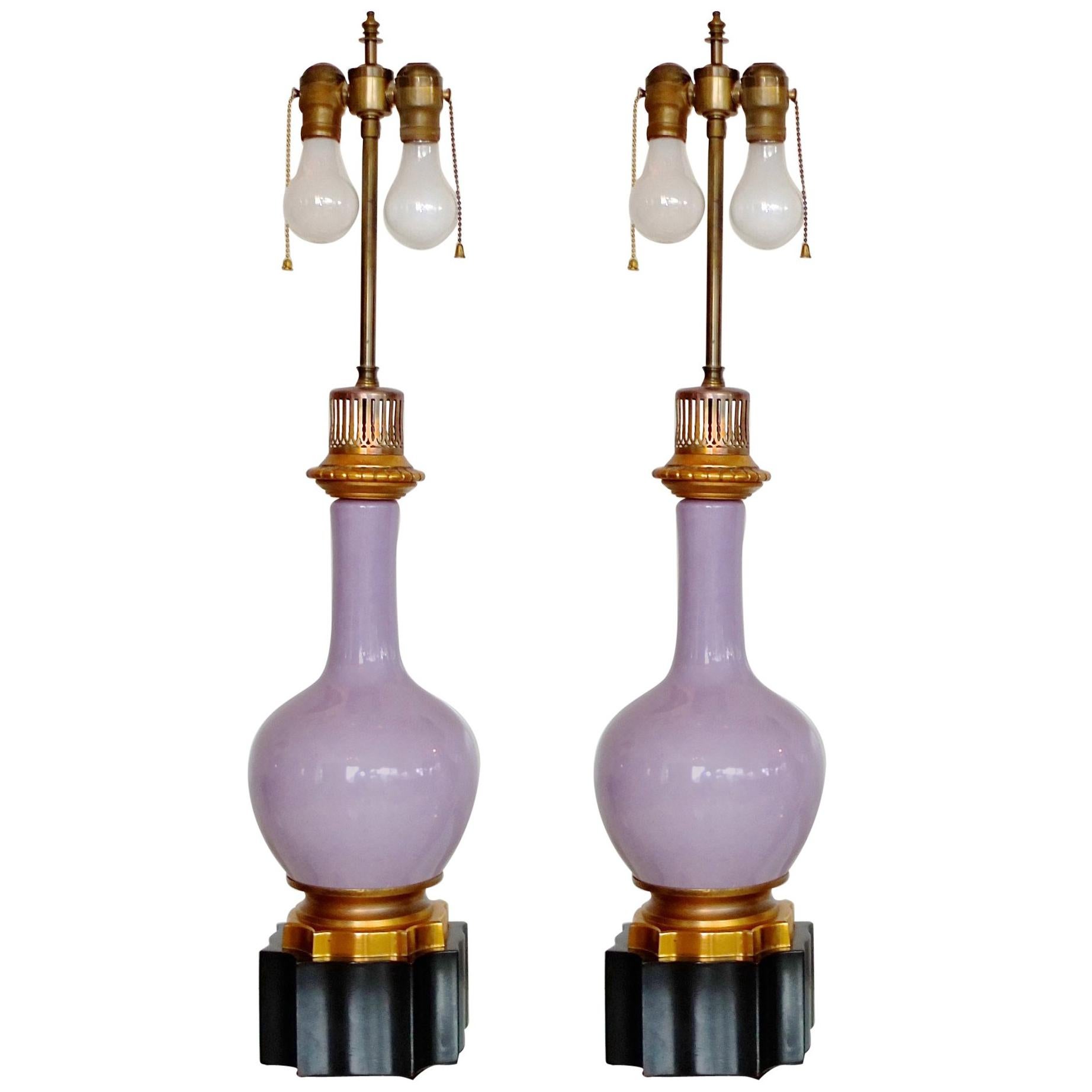 Pair of French Lilac and Gilt Porcelain Lamps