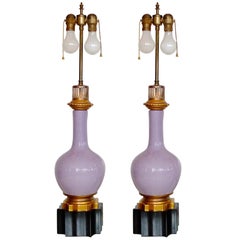 Retro Pair of French Lilac and Gilt Porcelain Lamps