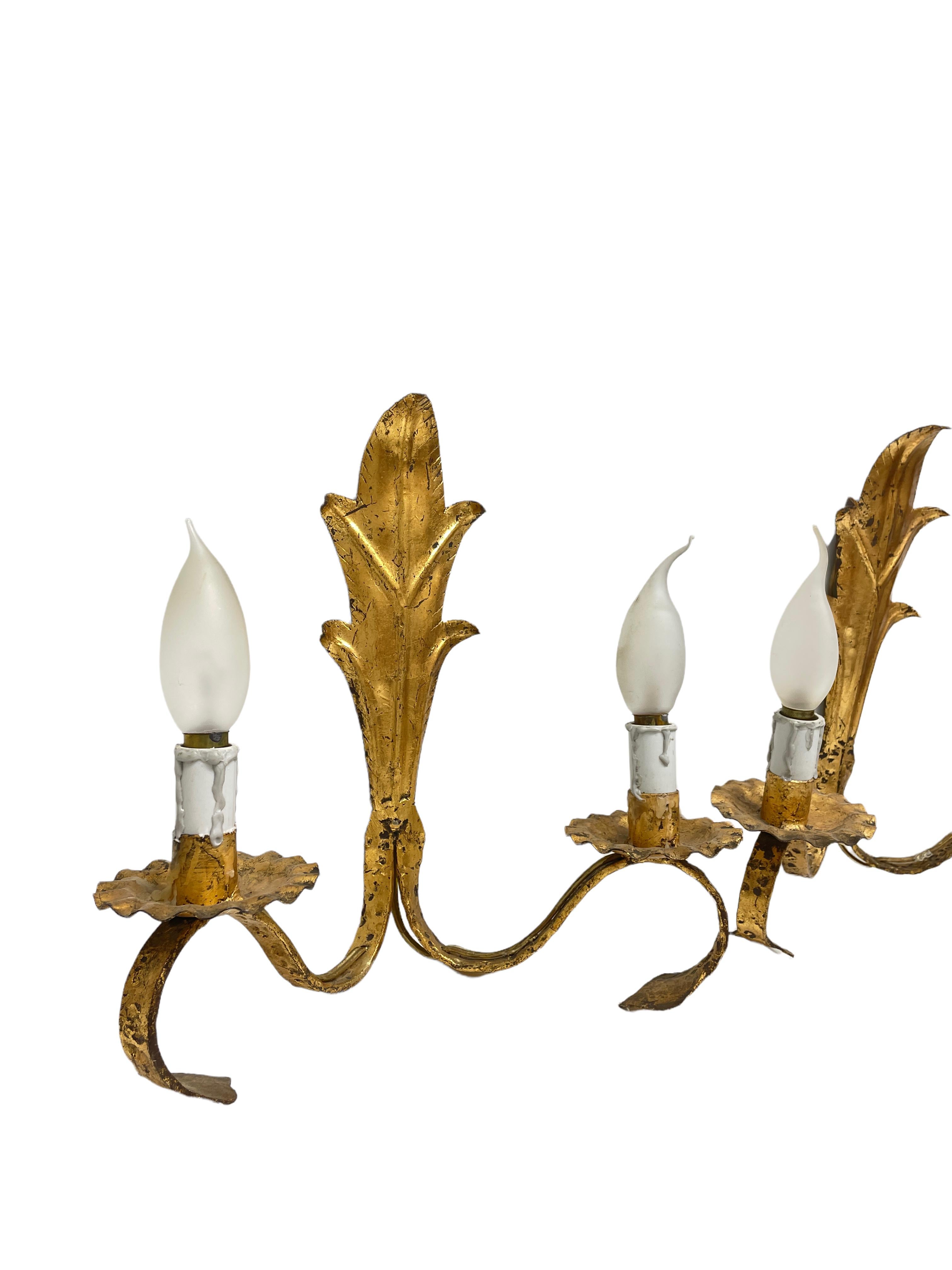 Belgian Pair of French Lily Style Gilt Iron Tole Sconces Gilded Metal, Belgium, 1960s For Sale