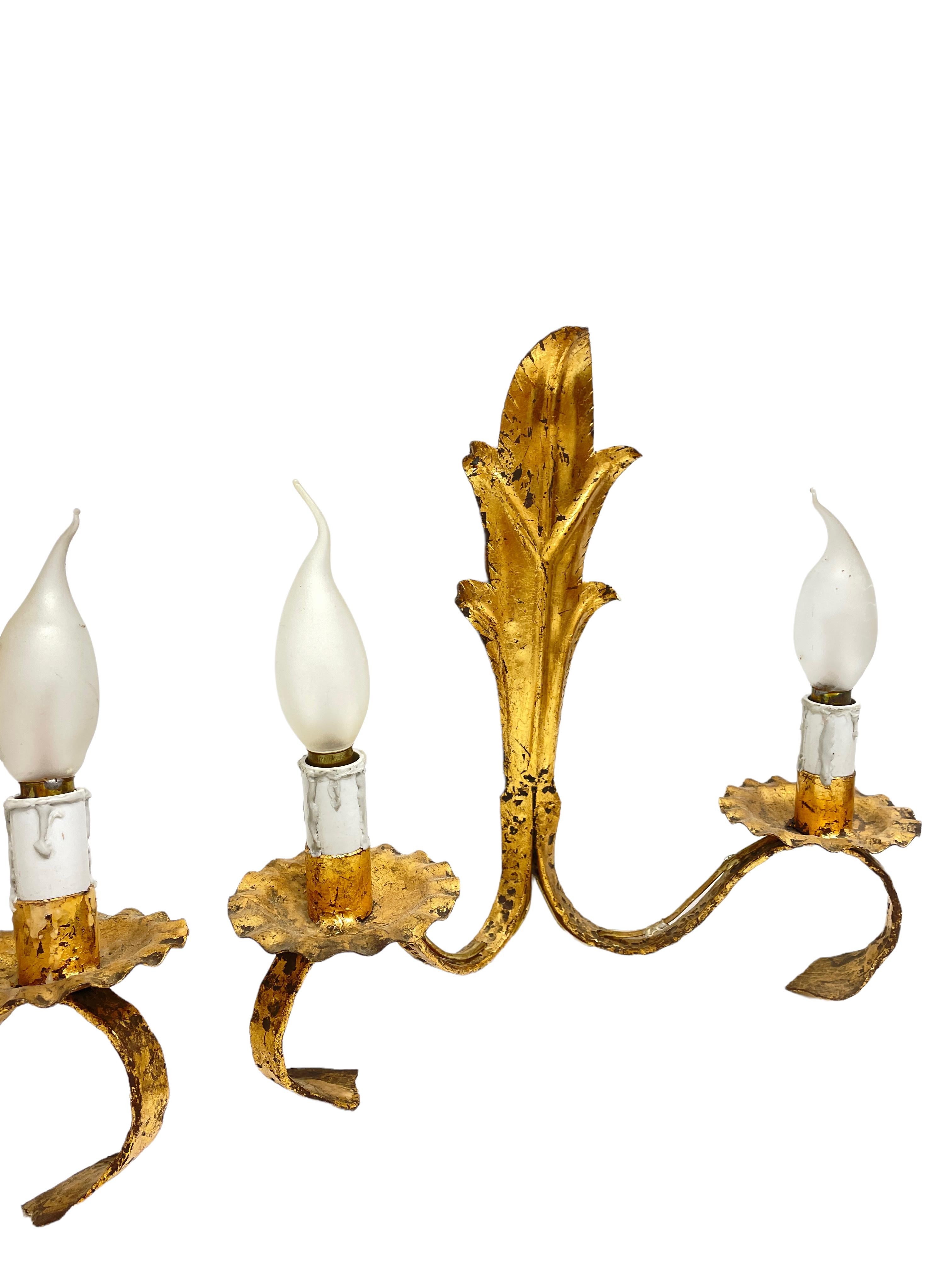 Pair of French Lily Style Gilt Iron Tole Sconces Gilded Metal, Belgium, 1960s For Sale 1
