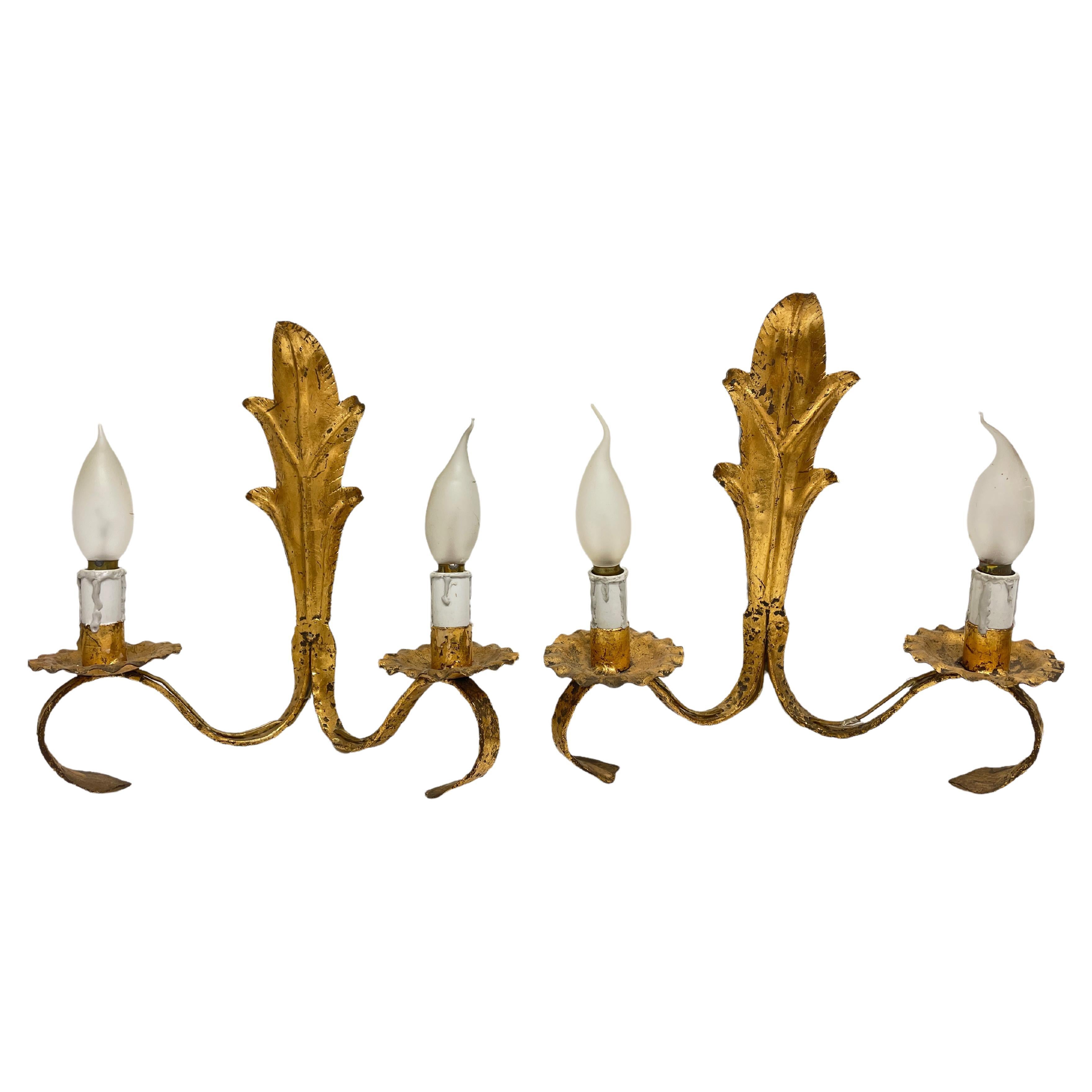 Pair of French Lily Style Gilt Iron Tole Sconces Gilded Metal, Belgium, 1960s For Sale