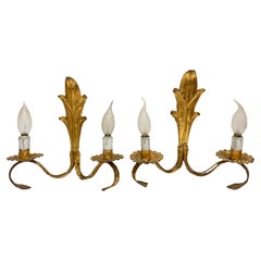 Vintage Pair of French Lily Style Gilt Iron Tole Sconces Gilded Metal, Belgium, 1960s