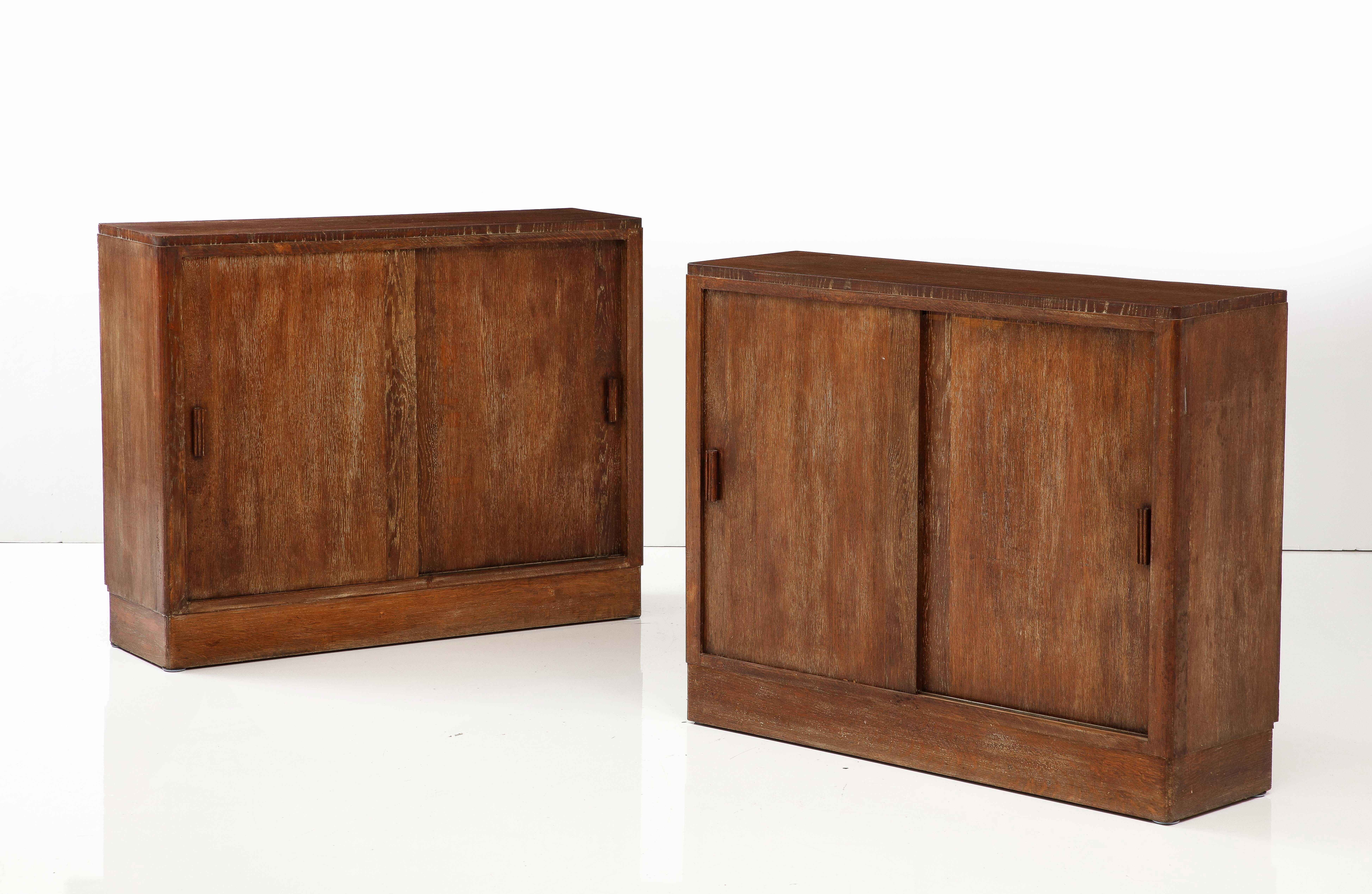 Pair of French Limed Oak Cabinets, Interior Drawers, Shelves, c. 1930-1940 6