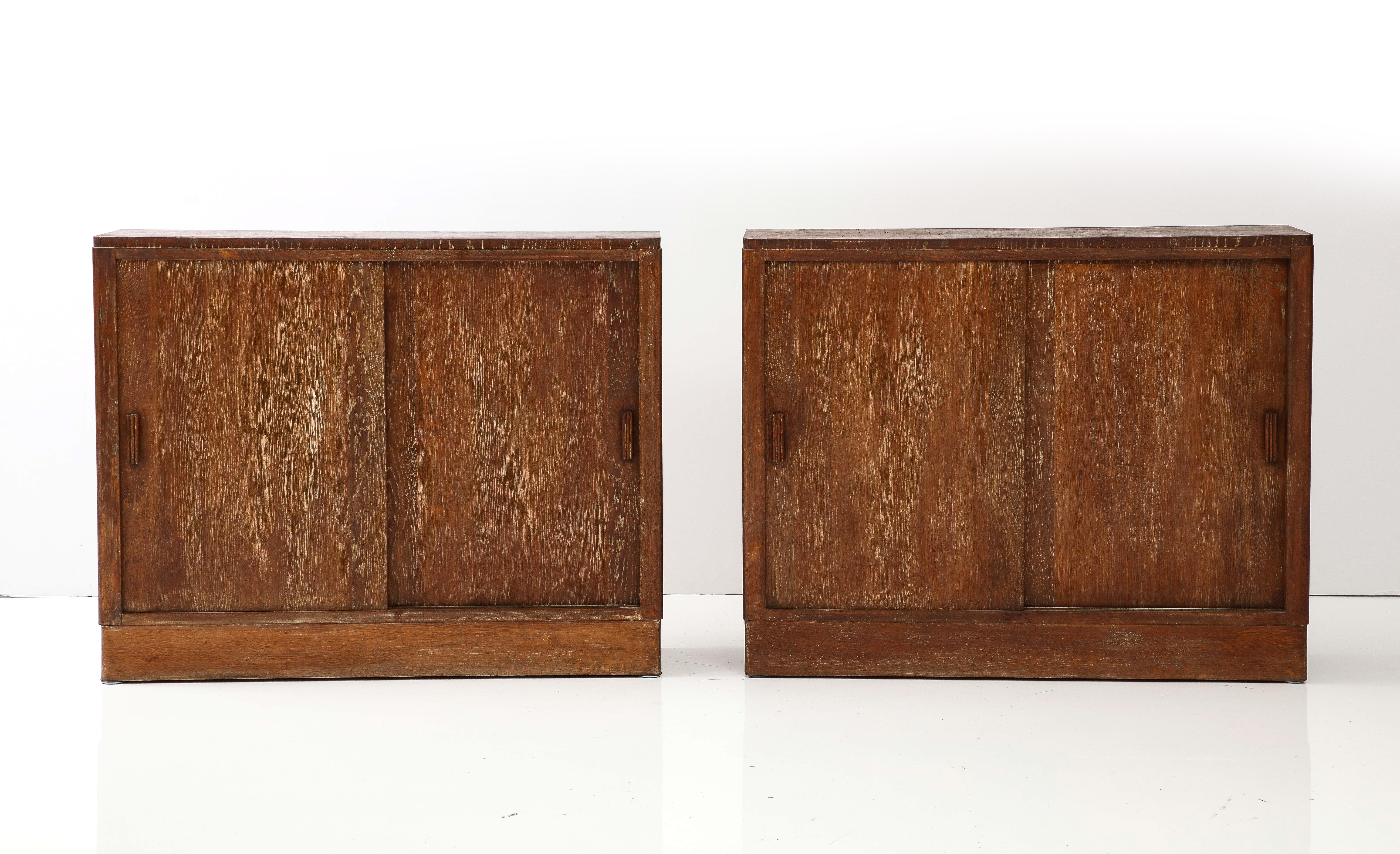 Pair of French Limed Oak Cabinets, Interior Drawers, Shelves, c. 1930-1940 8