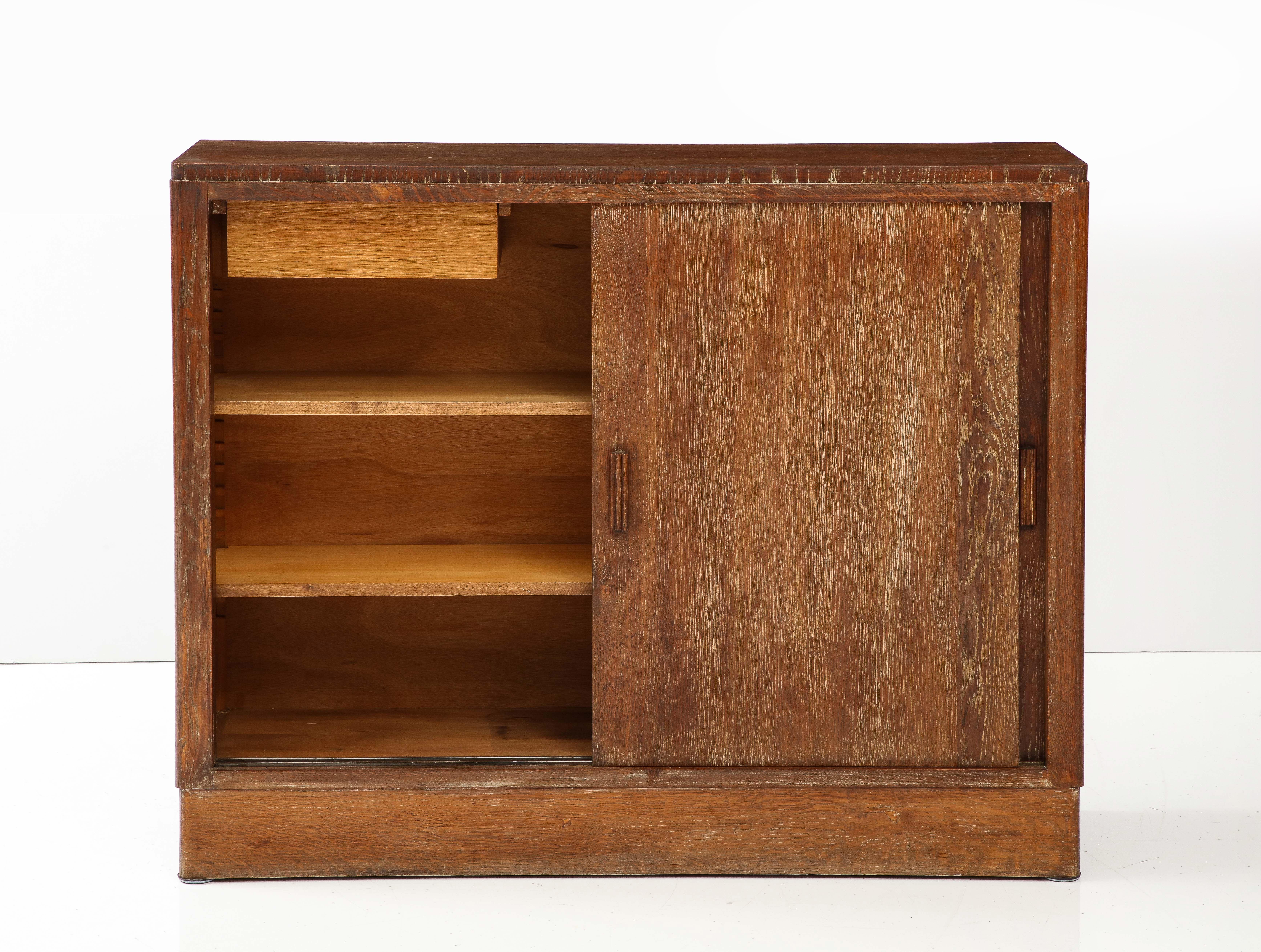 Art Deco Pair of French Limed Oak Cabinets, Interior Drawers, Shelves, c. 1930-1940