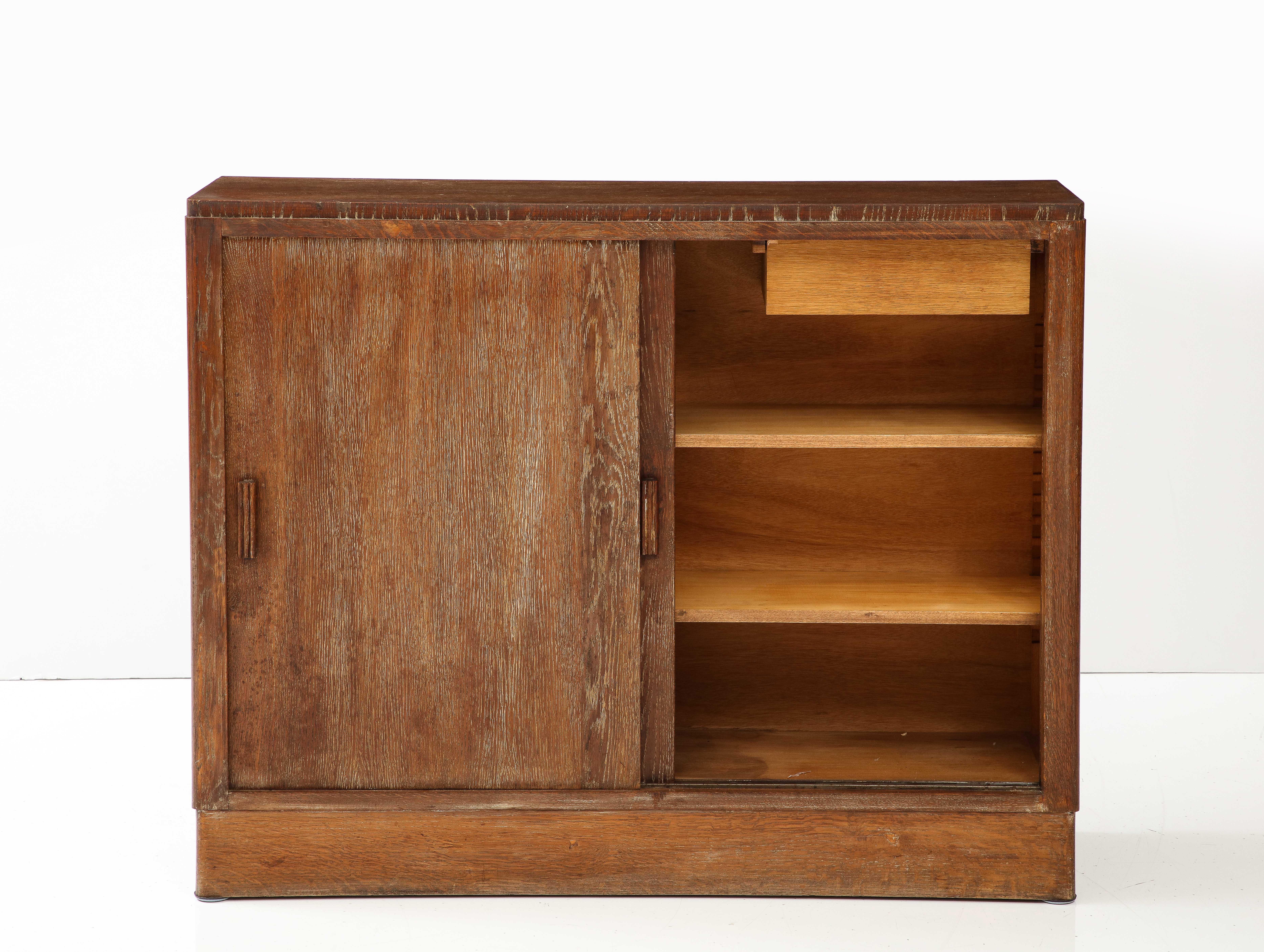 Pair of French Limed Oak Cabinets, Interior Drawers, Shelves, c. 1930-1940 In Good Condition In Brooklyn, NY