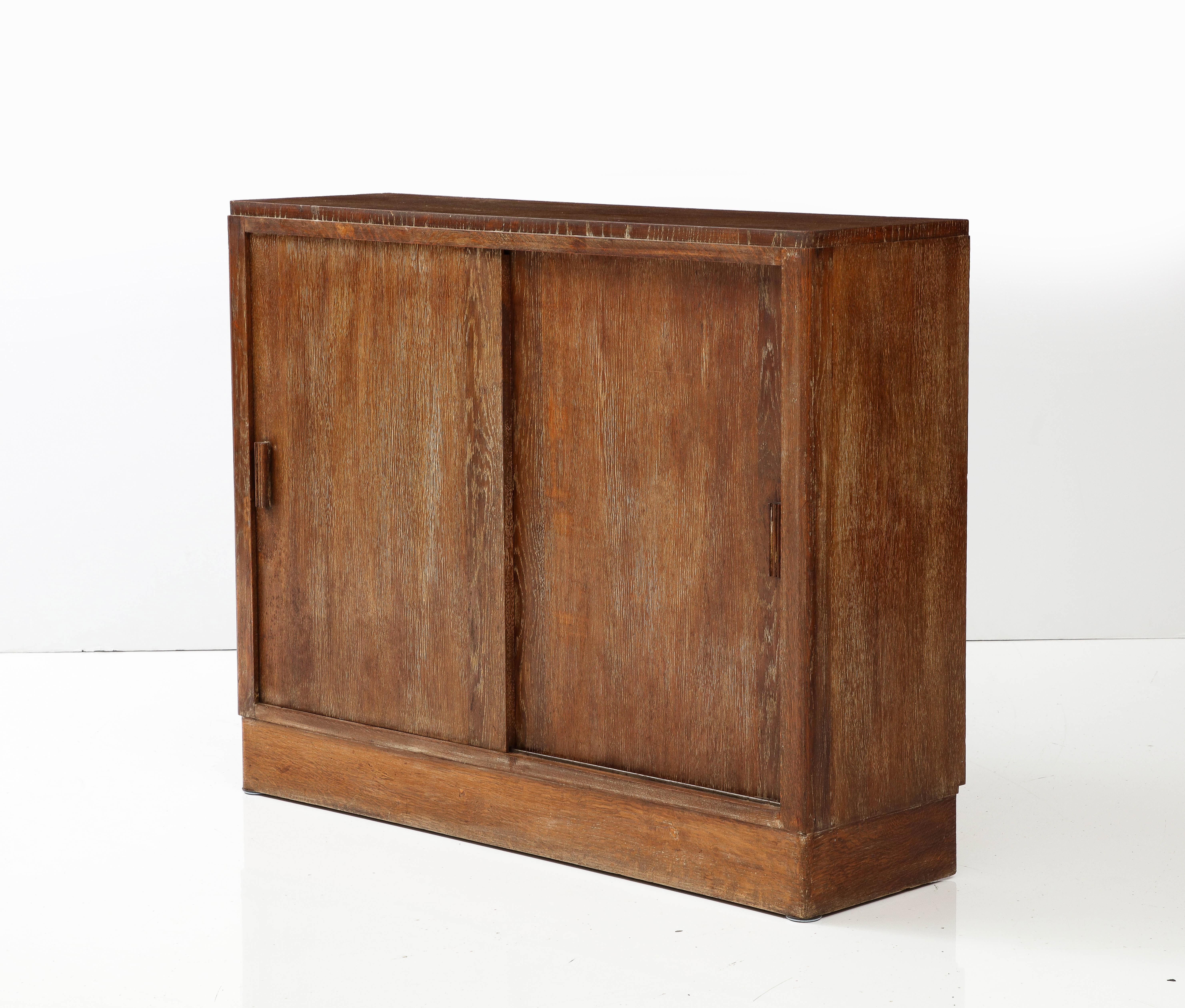 Mid-20th Century Pair of French Limed Oak Cabinets, Interior Drawers, Shelves, c. 1930-1940