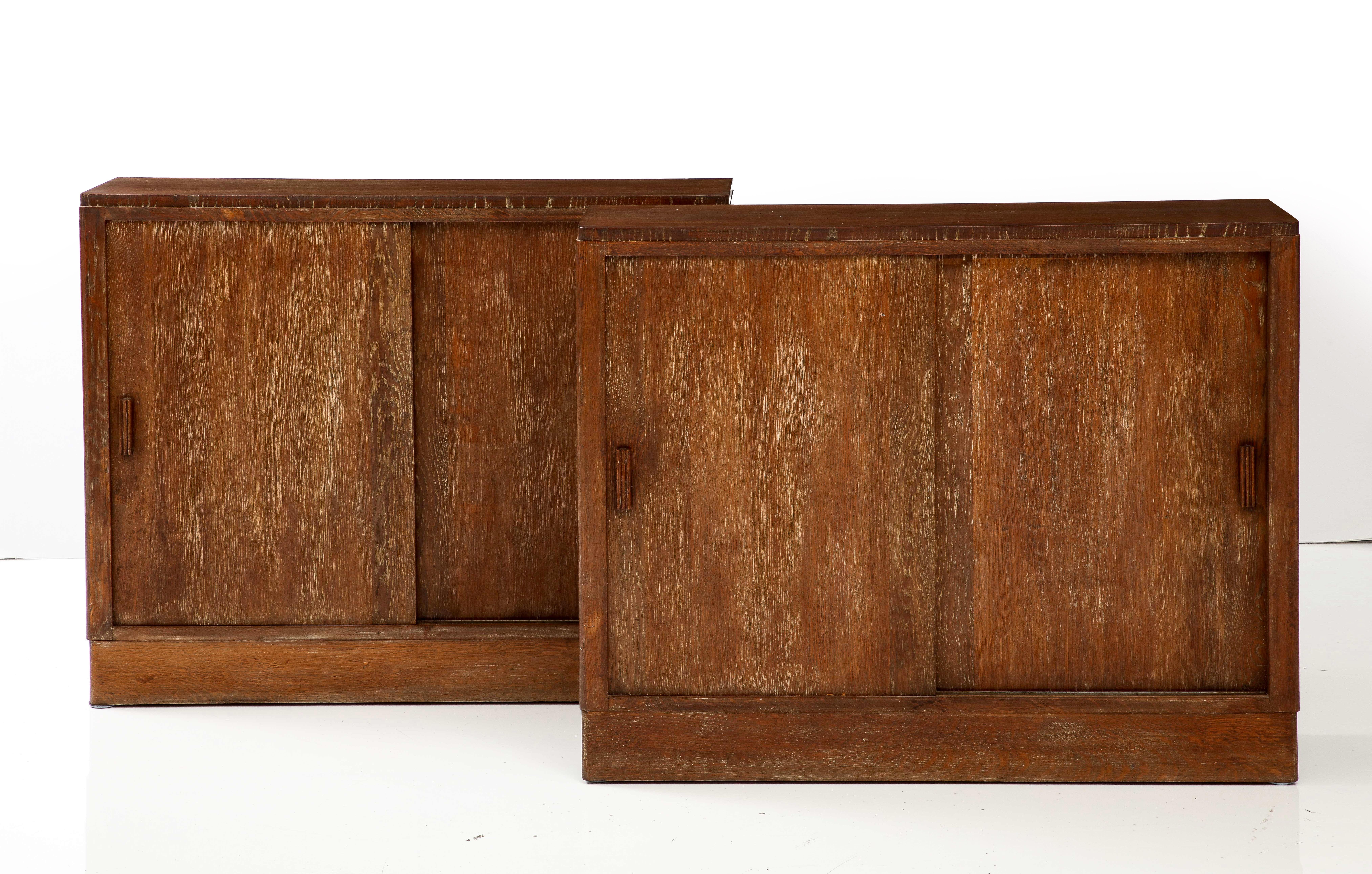 Pair of French Limed Oak Cabinets, Interior Drawers, Shelves, c. 1930-1940 4