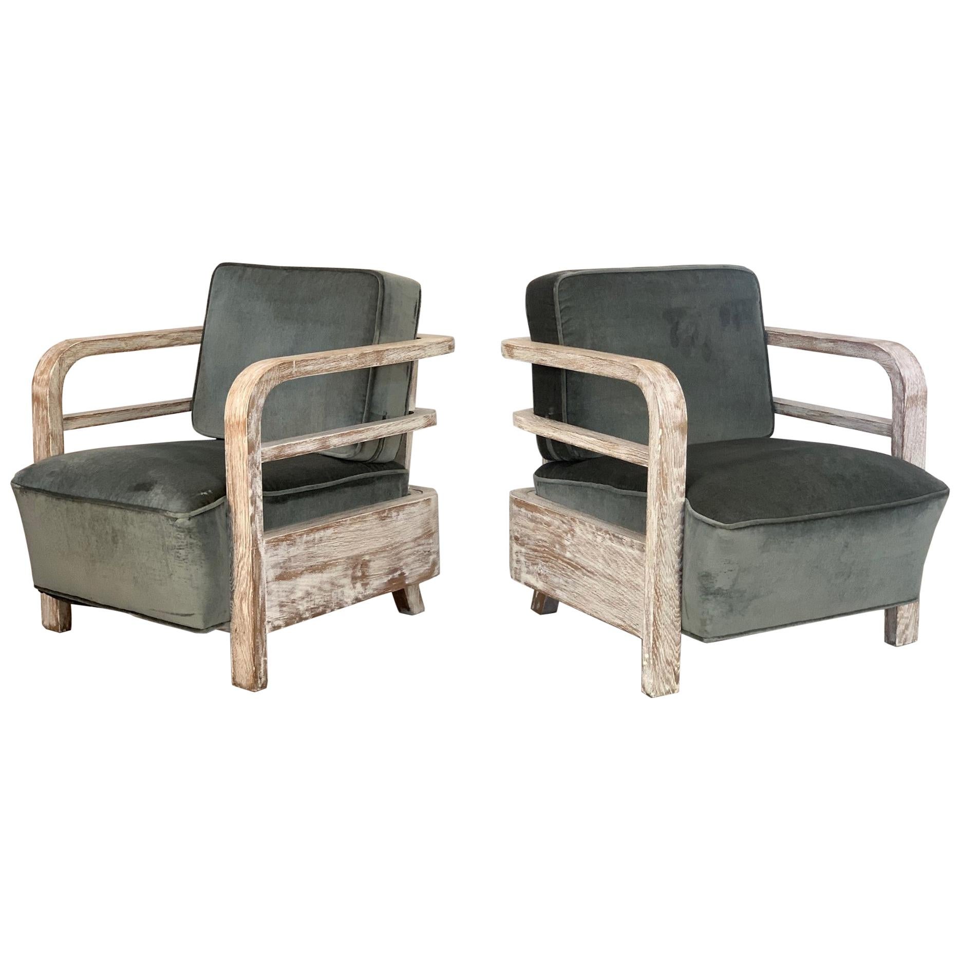 Pair of French Limed Oak Lounge Chairs For Sale