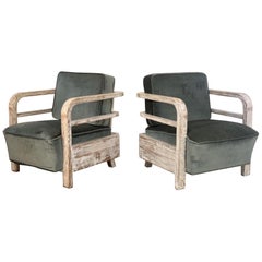 Vintage Pair of French Limed Oak Lounge Chairs