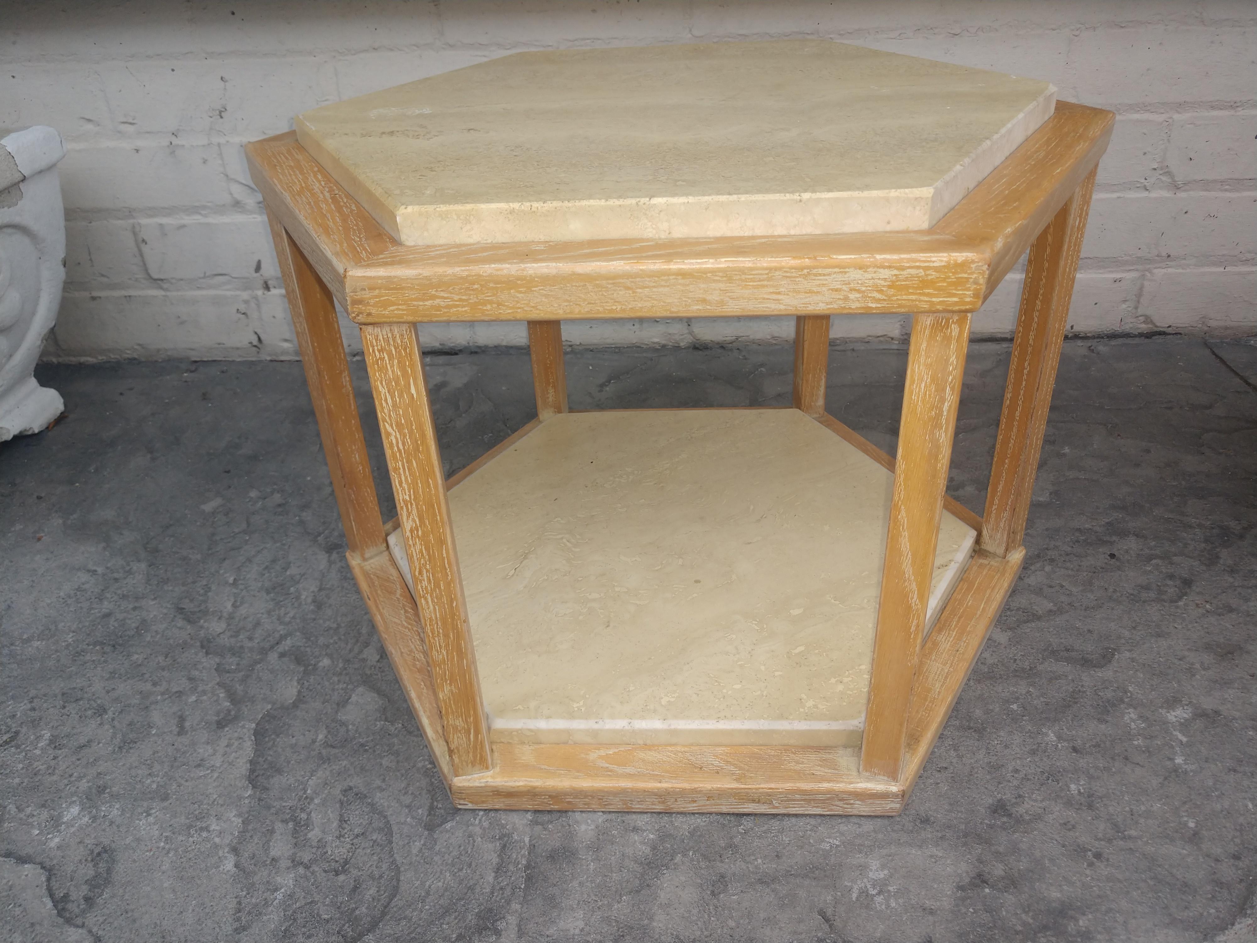 Pair of French Limed Oak with Travertine End Tables by Fournier Decorations In Good Condition For Sale In Port Jervis, NY