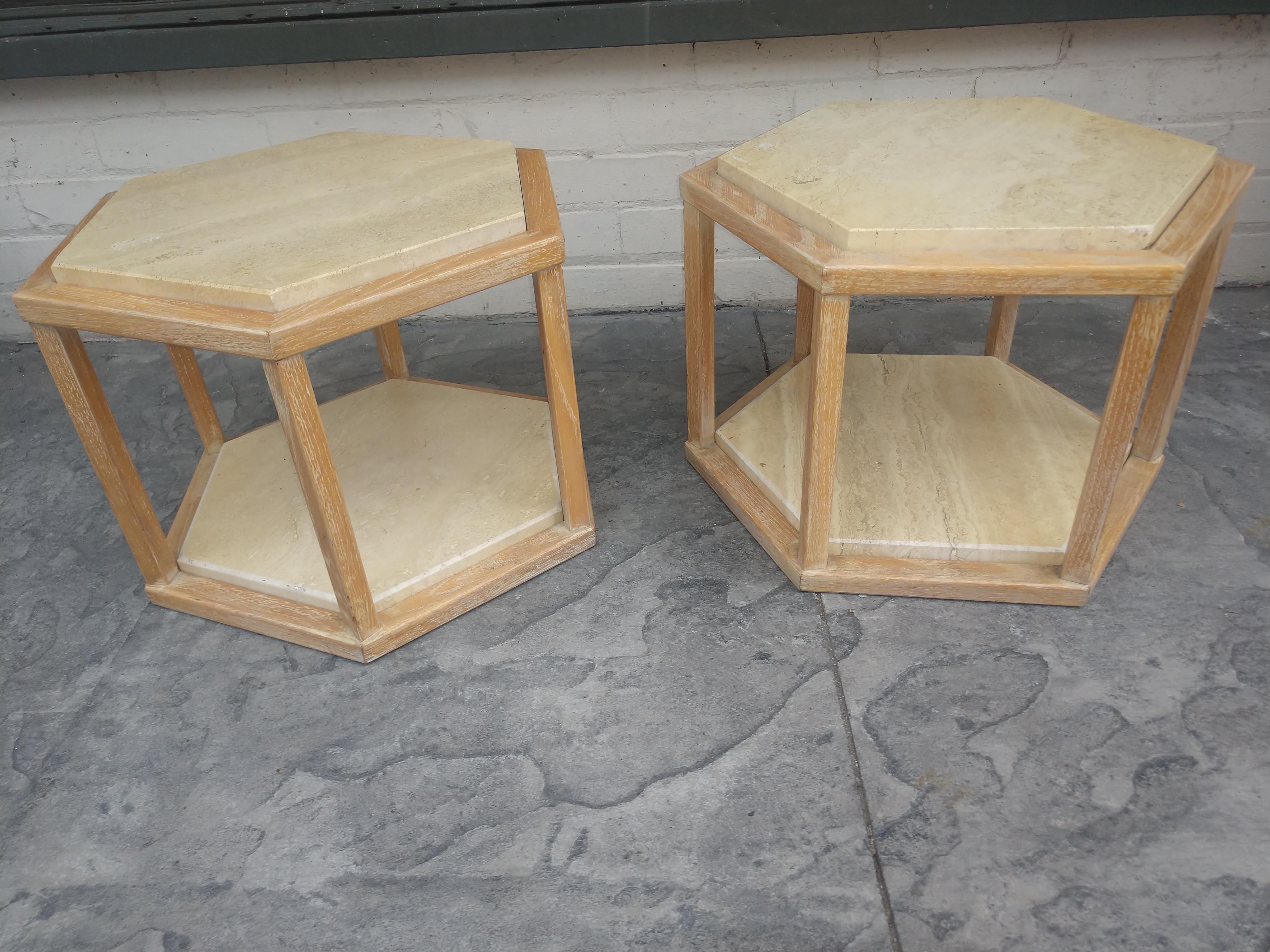 Late 20th Century Pair of French Limed Oak with Travertine End Tables by Fournier Decorations For Sale
