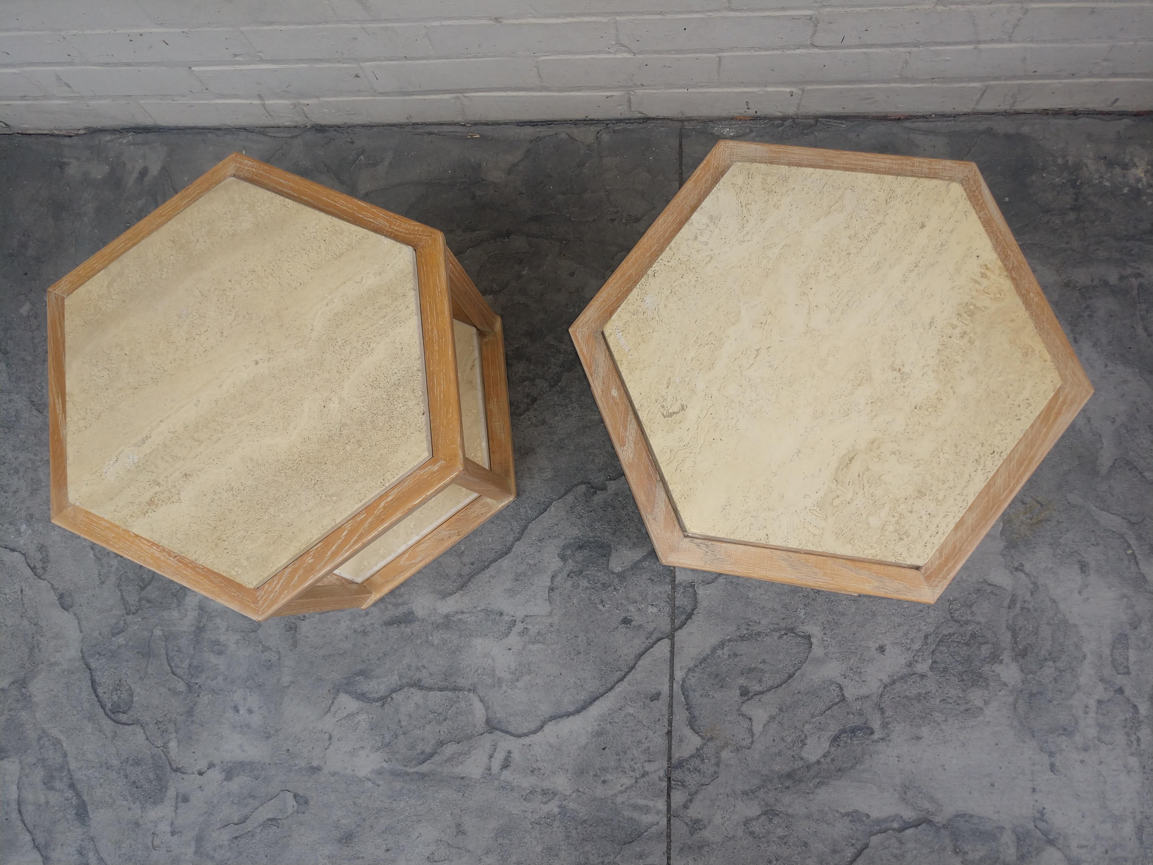 Pair of French Limed Oak with Travertine End Tables by Fournier Decorations For Sale 1