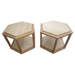 Pair of French Limed Oak with Travertine End Tables by Fournier Decorations
