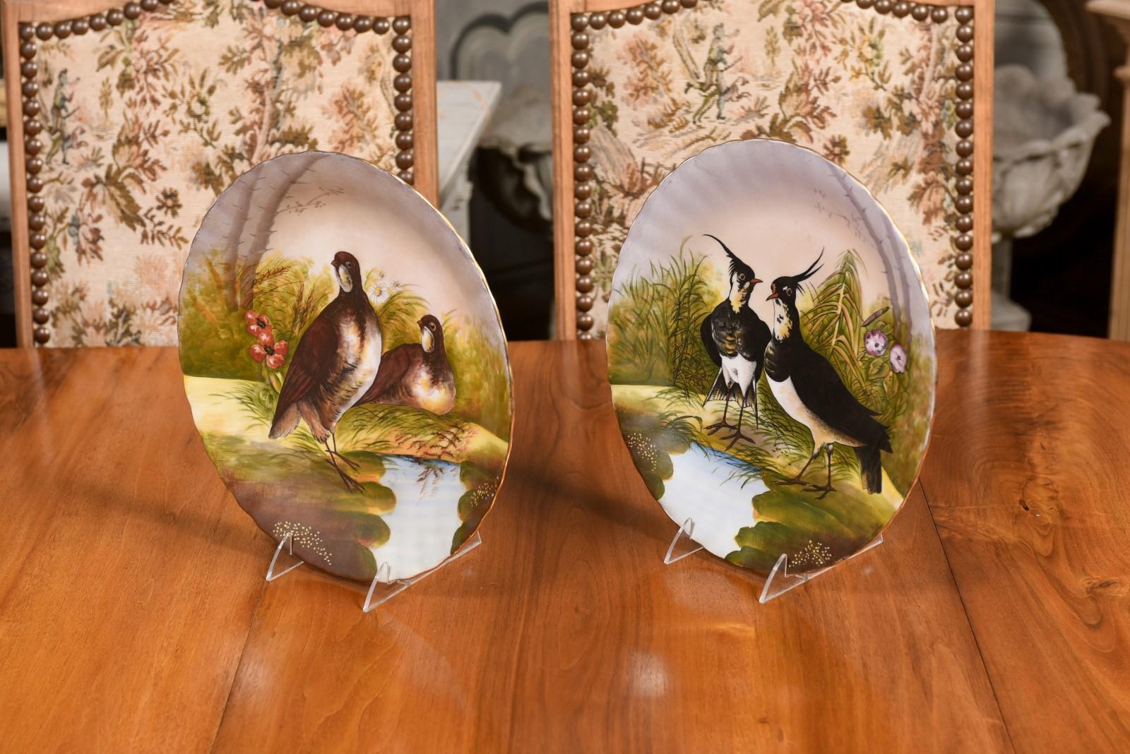 Pair of French Limoges Porcelain Decorative Plates Depicting Couples of Birds For Sale 5