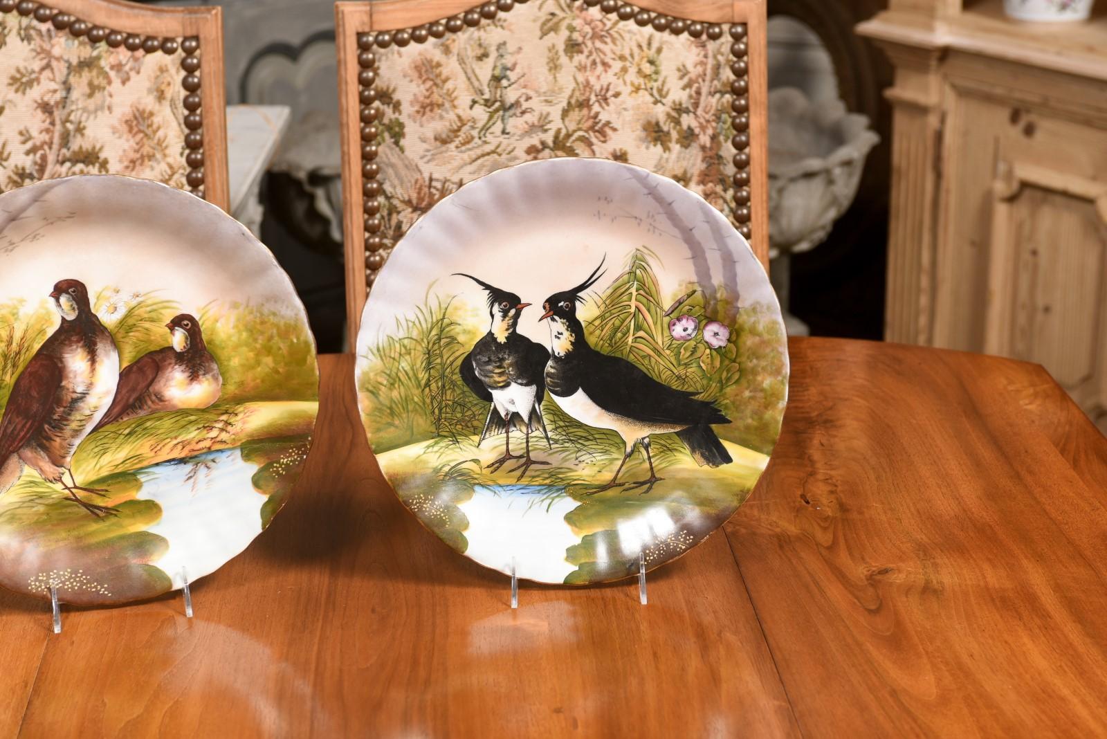 20th Century Pair of French Limoges Porcelain Decorative Plates Depicting Couples of Birds For Sale