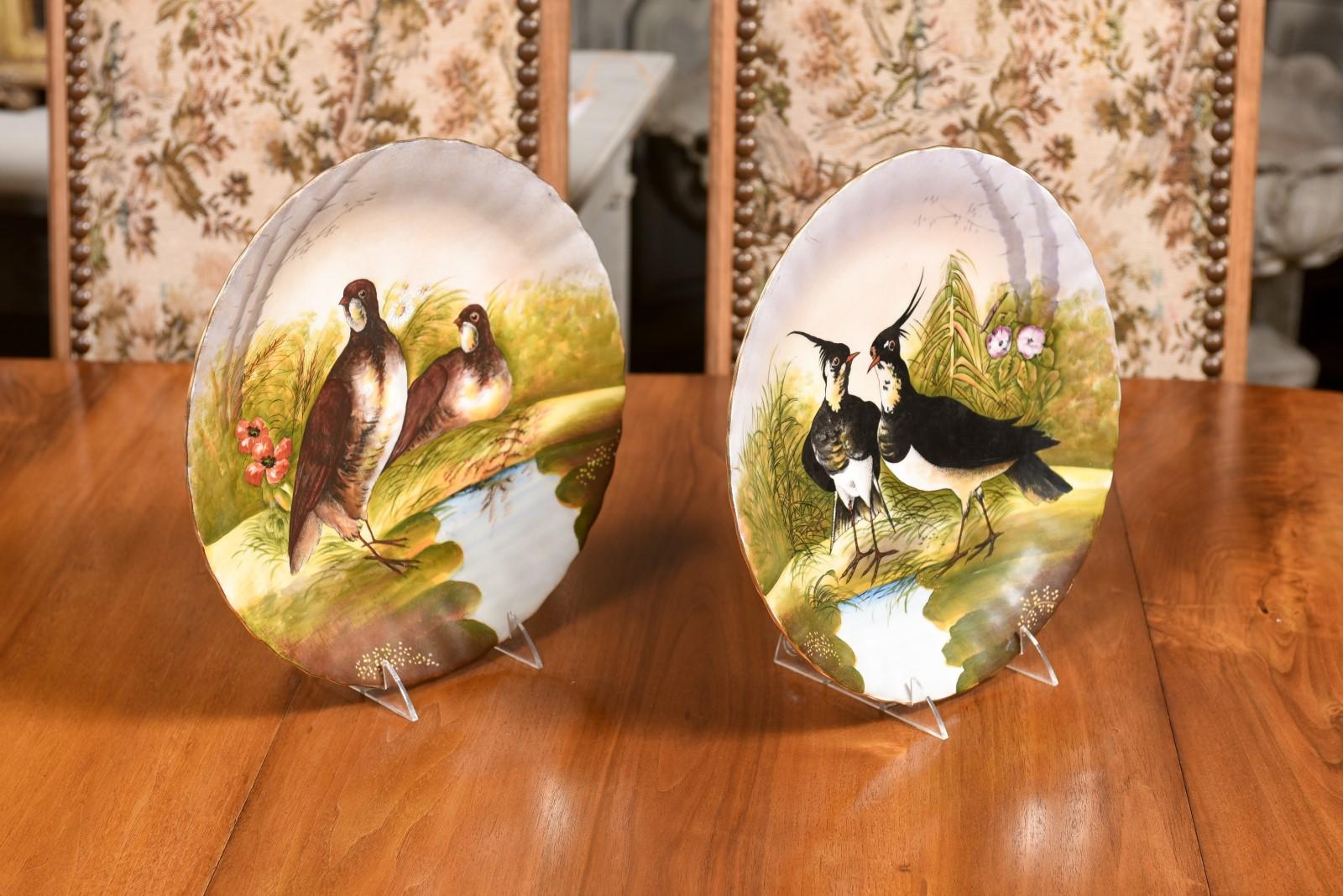 Pair of French Limoges Porcelain Decorative Plates Depicting Couples of Birds For Sale 4