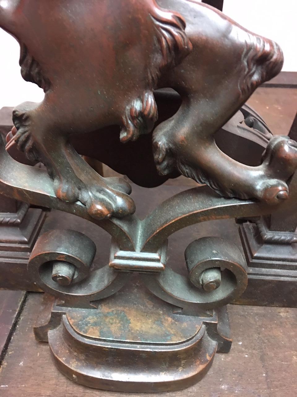 Pair of French Lion Motif Bronze Andirons, 19th Century 2
