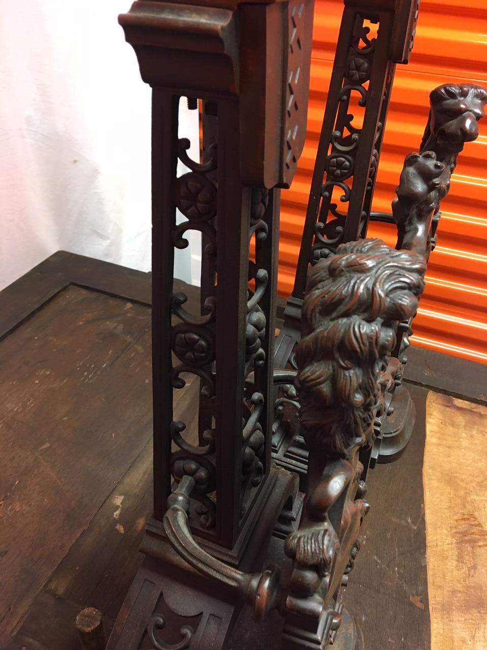 Pair of French Lion Motif Bronze Andirons, 19th Century 4